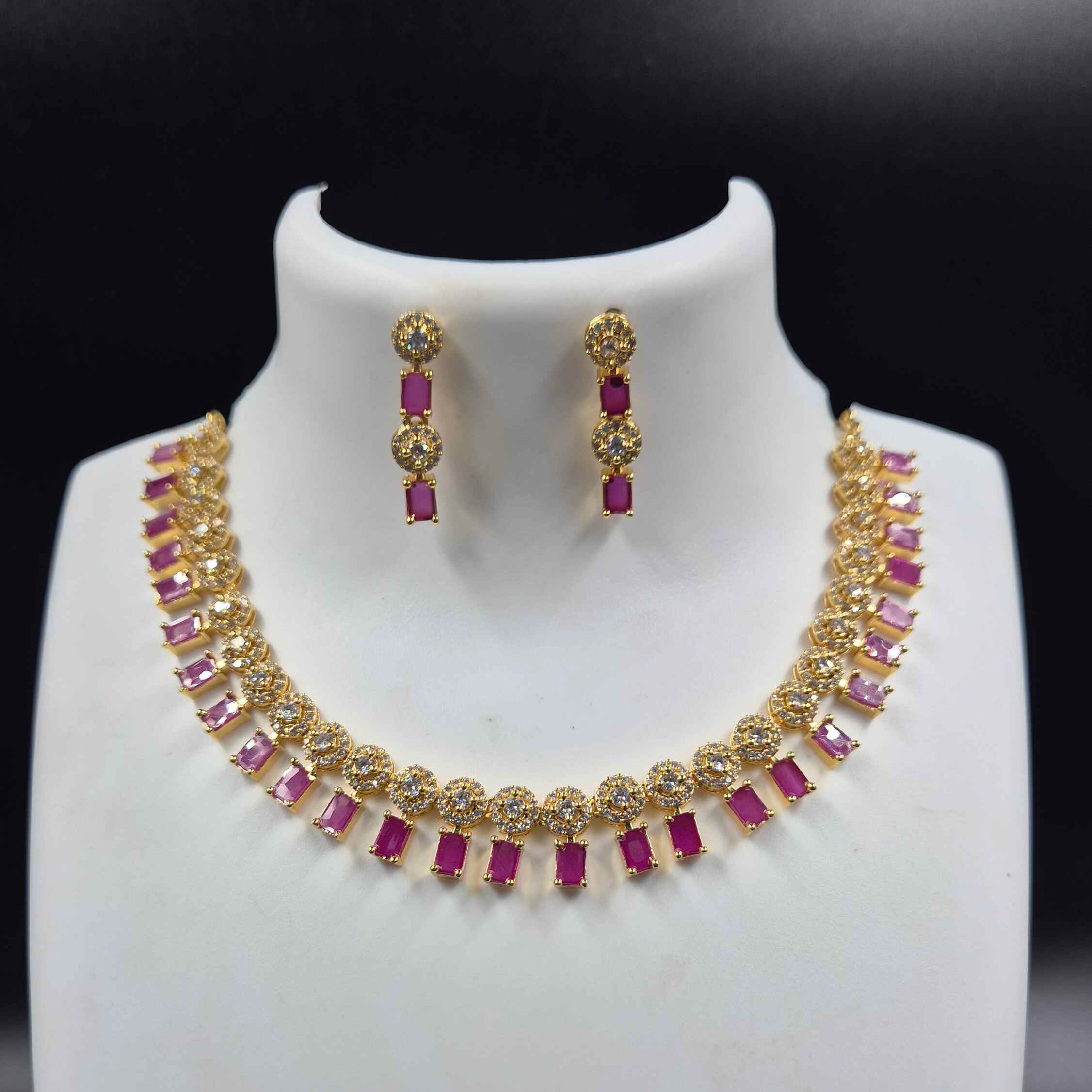 Ruby Stone AD Necklace Set with Matching Earrings | Designer Bridal Jewellery