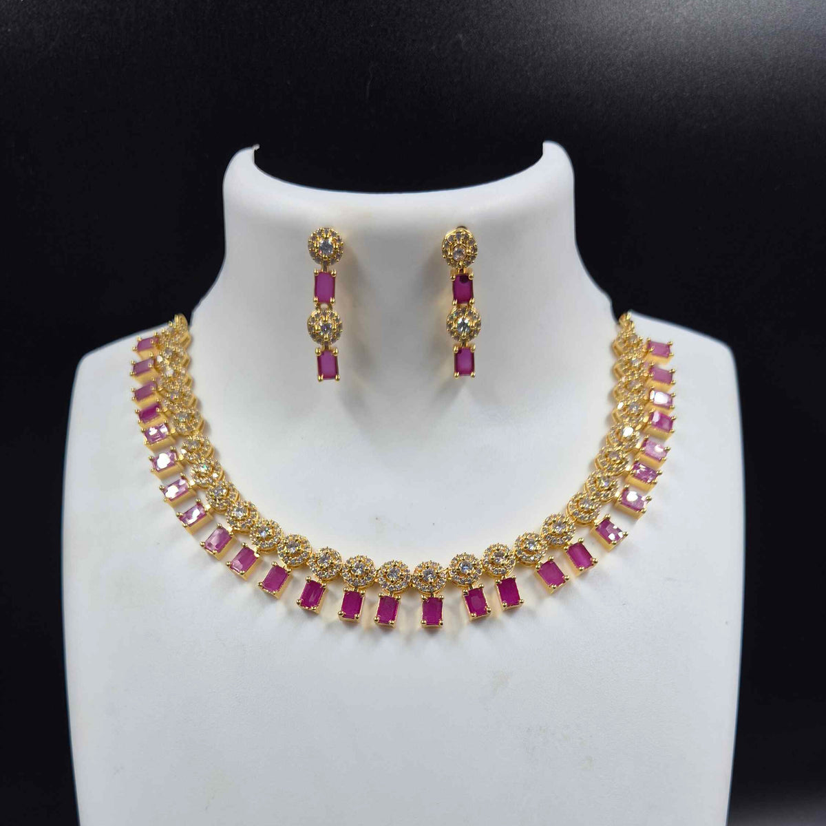 Ruby Stone AD Necklace Set with Matching Earrings | Designer Bridal Jewellery
