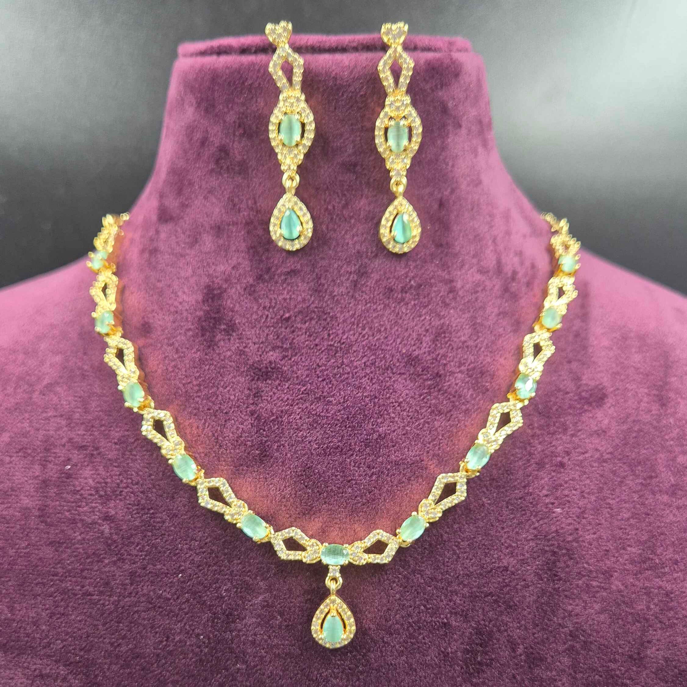 Elegant Mint Green Stone Gold Necklace Set with Matching Earrings | Jeys Jewels