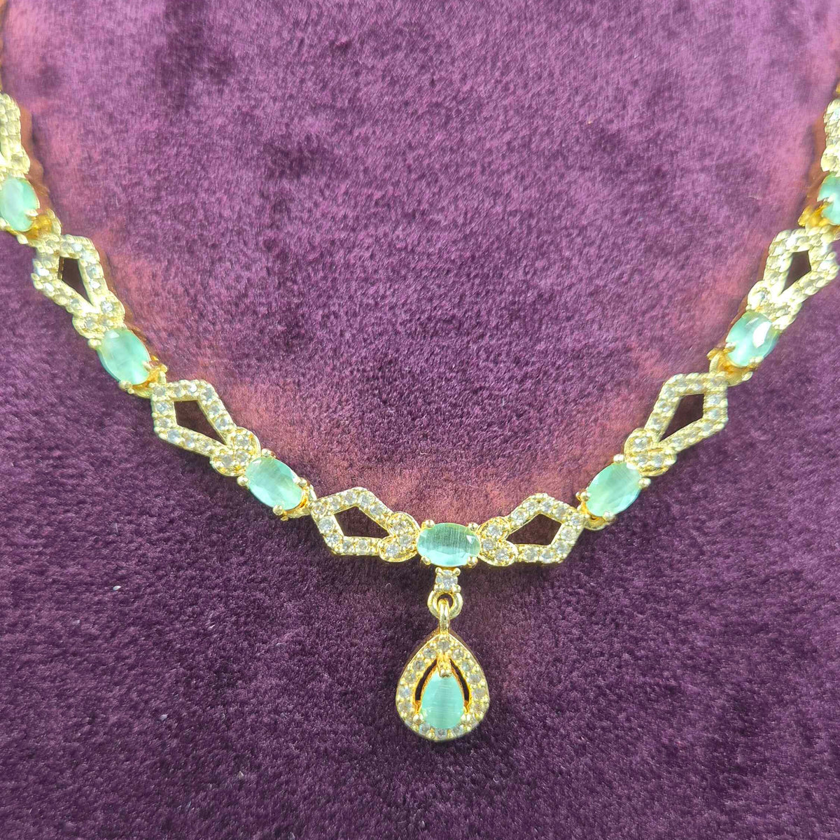 Elegant Mint Green Stone Gold Necklace Set with Matching Earrings | Jeys Jewels