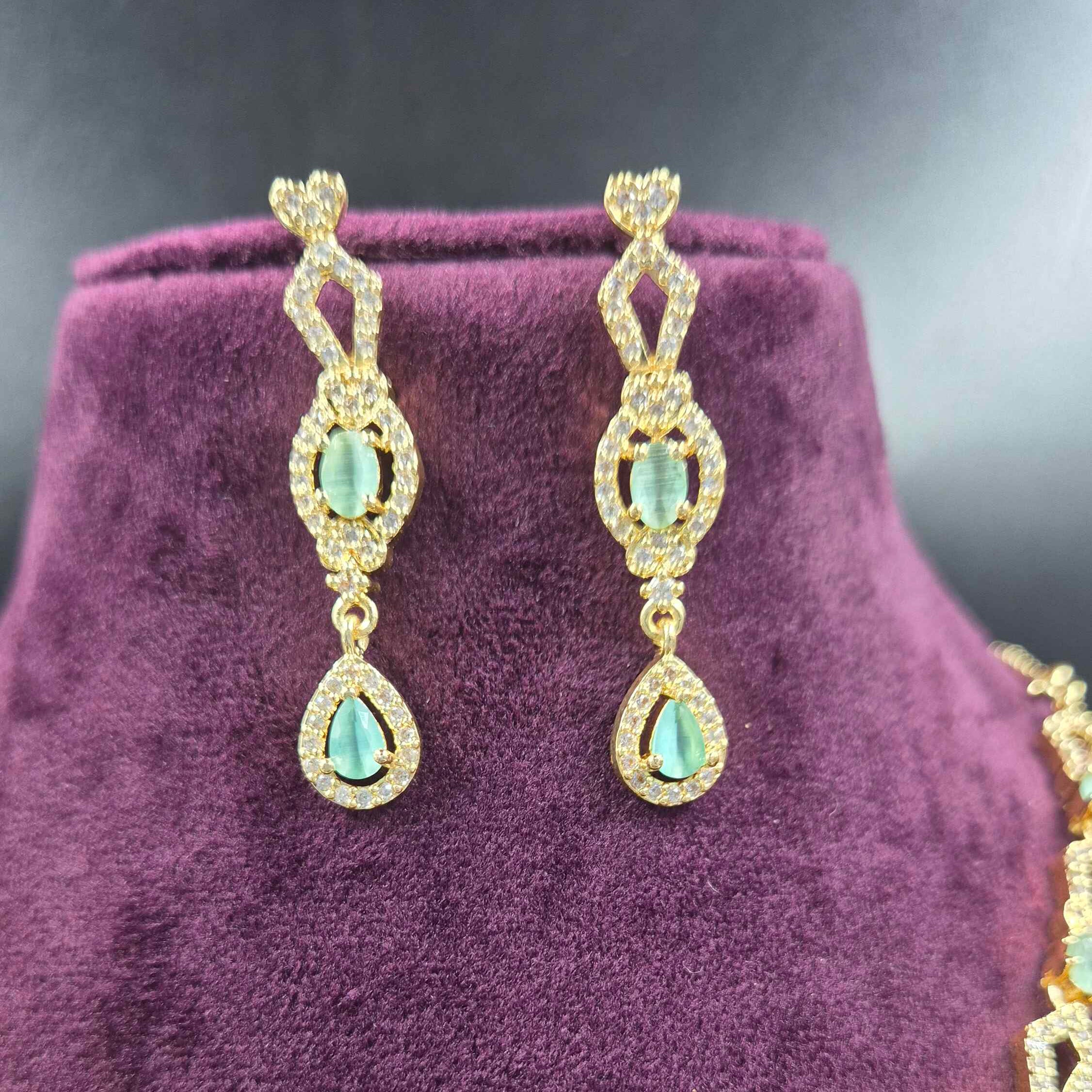 Elegant Mint Green Stone Gold Necklace Set with Matching Earrings | Jeys Jewels