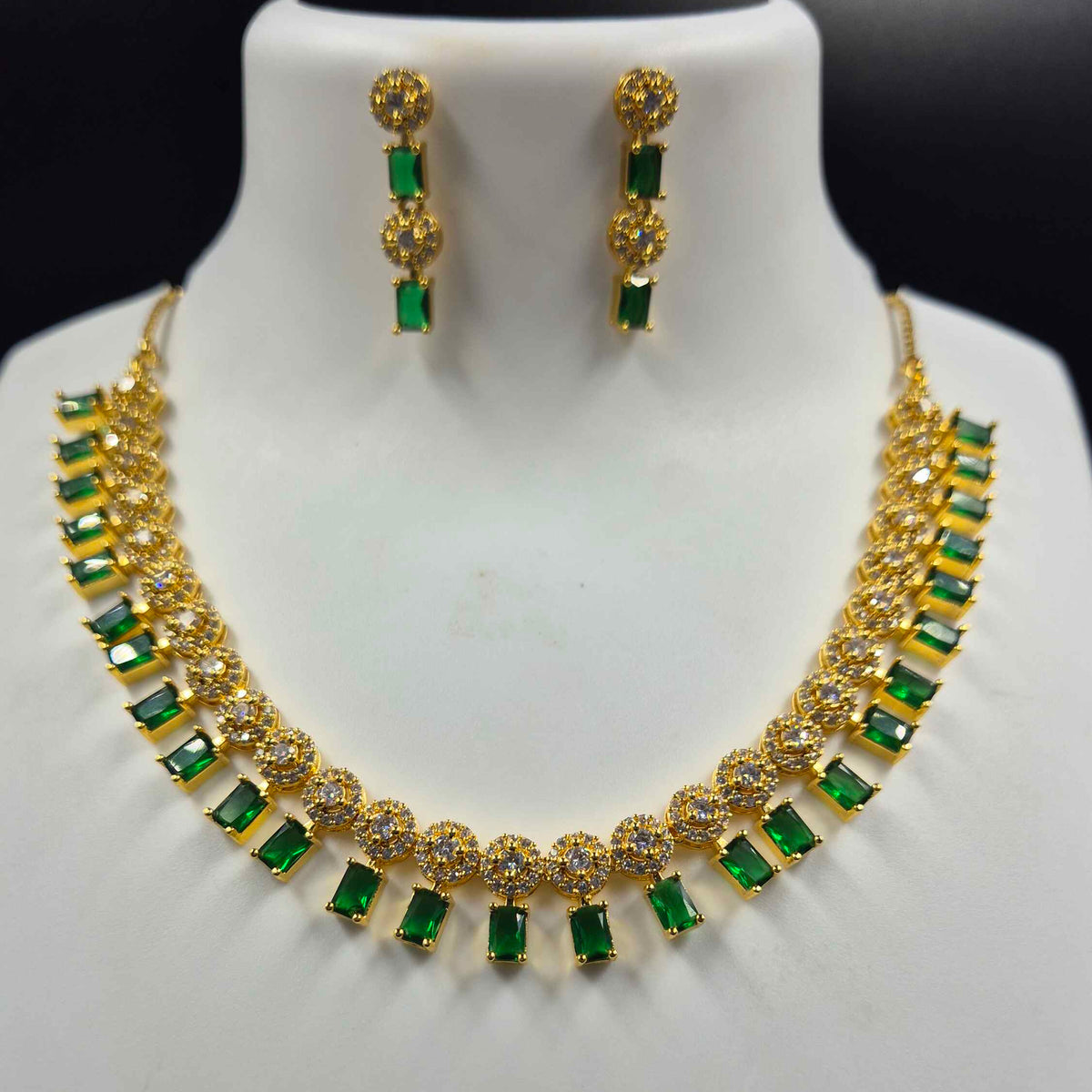 Green Emerald Stone AD Necklace Set with Earrings | Elegant Bridal Jewellery