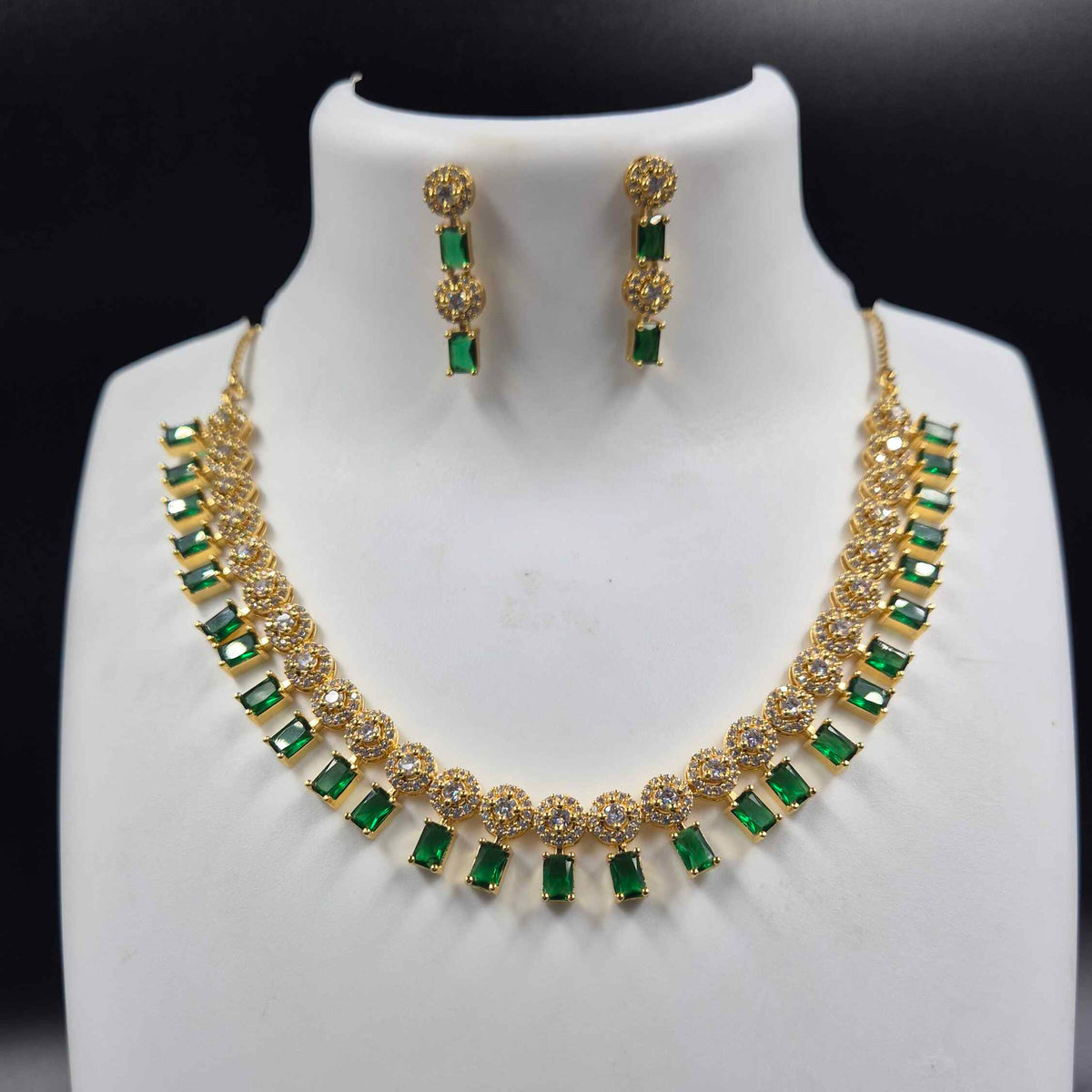 Green Emerald Stone AD Necklace Set with Earrings | Elegant Bridal Jewellery