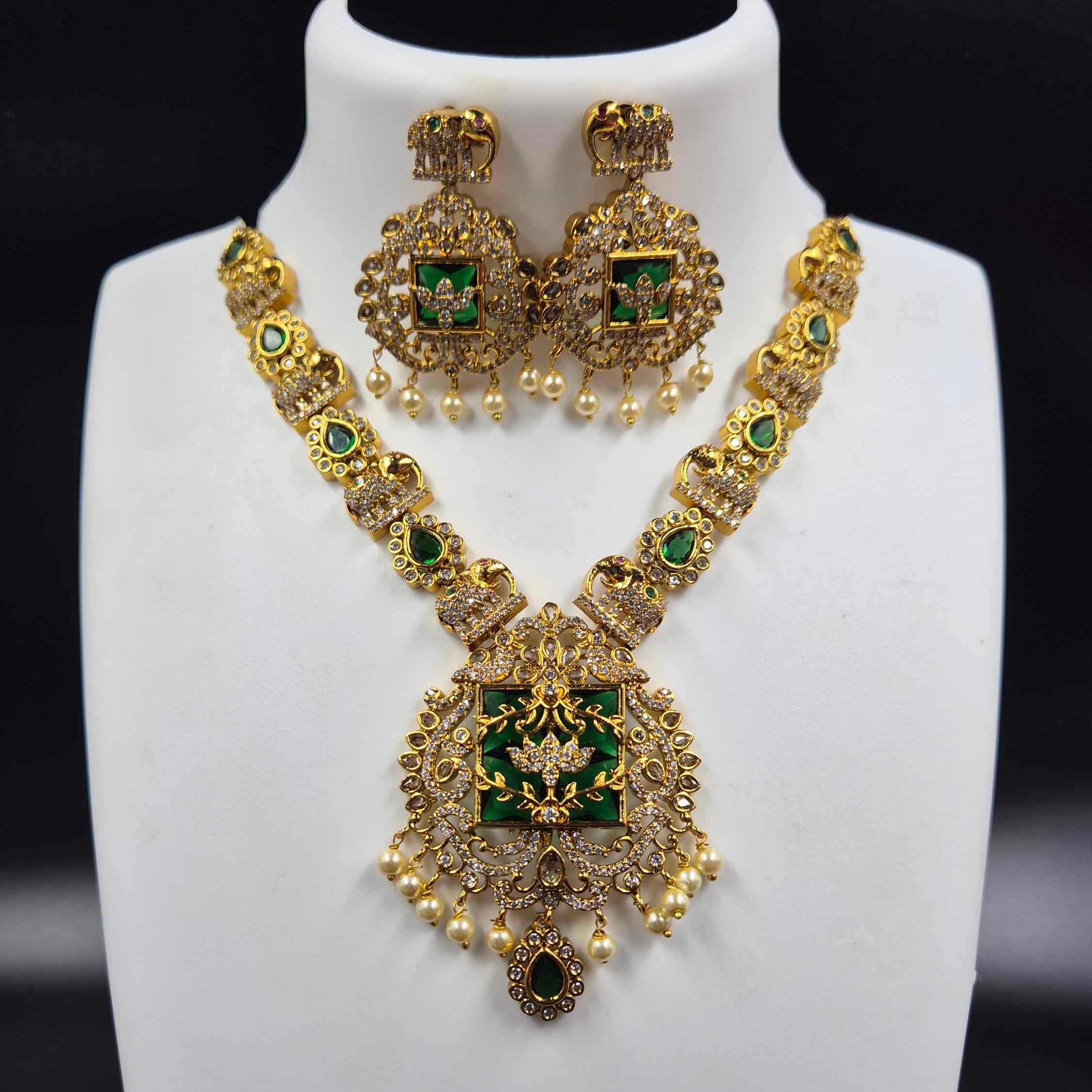 Green Bridal Elephant motif Kemp Necklace Set with Pearls & Earrings | Temple Jewellery