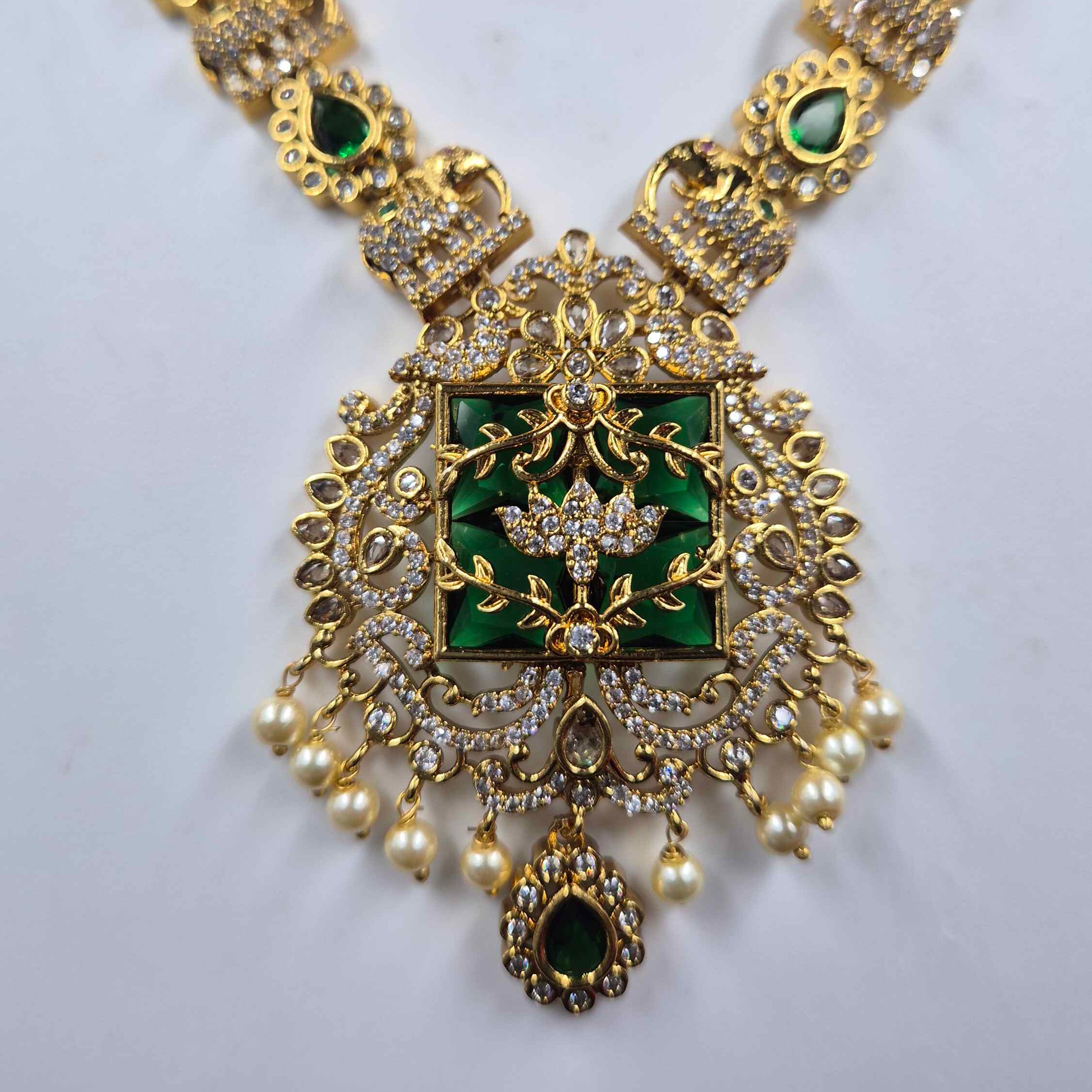 Green Bridal Elephant motif Kemp Necklace Set with Pearls & Earrings | Temple Jewellery