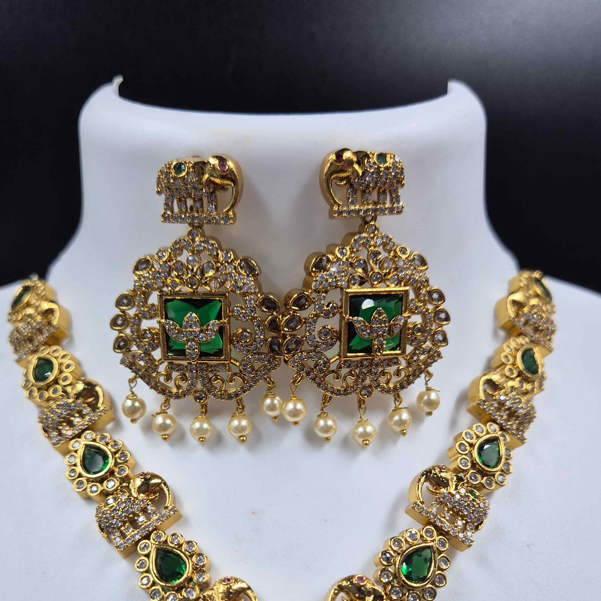 Green Bridal Elephant motif Kemp Necklace Set with Pearls & Earrings | Temple Jewellery