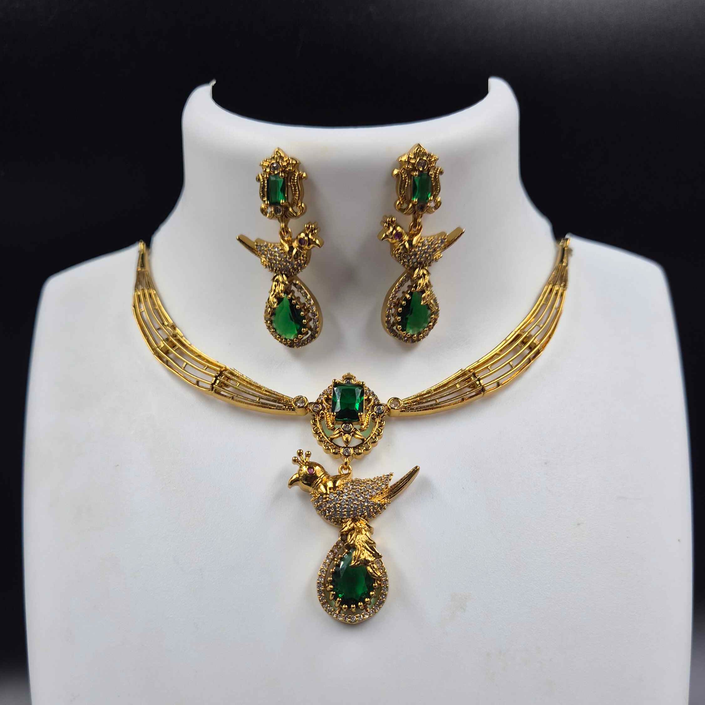 Green Stone Necklace Set with Bird pendant and matching Earrings | Designer Bridal Jewellery