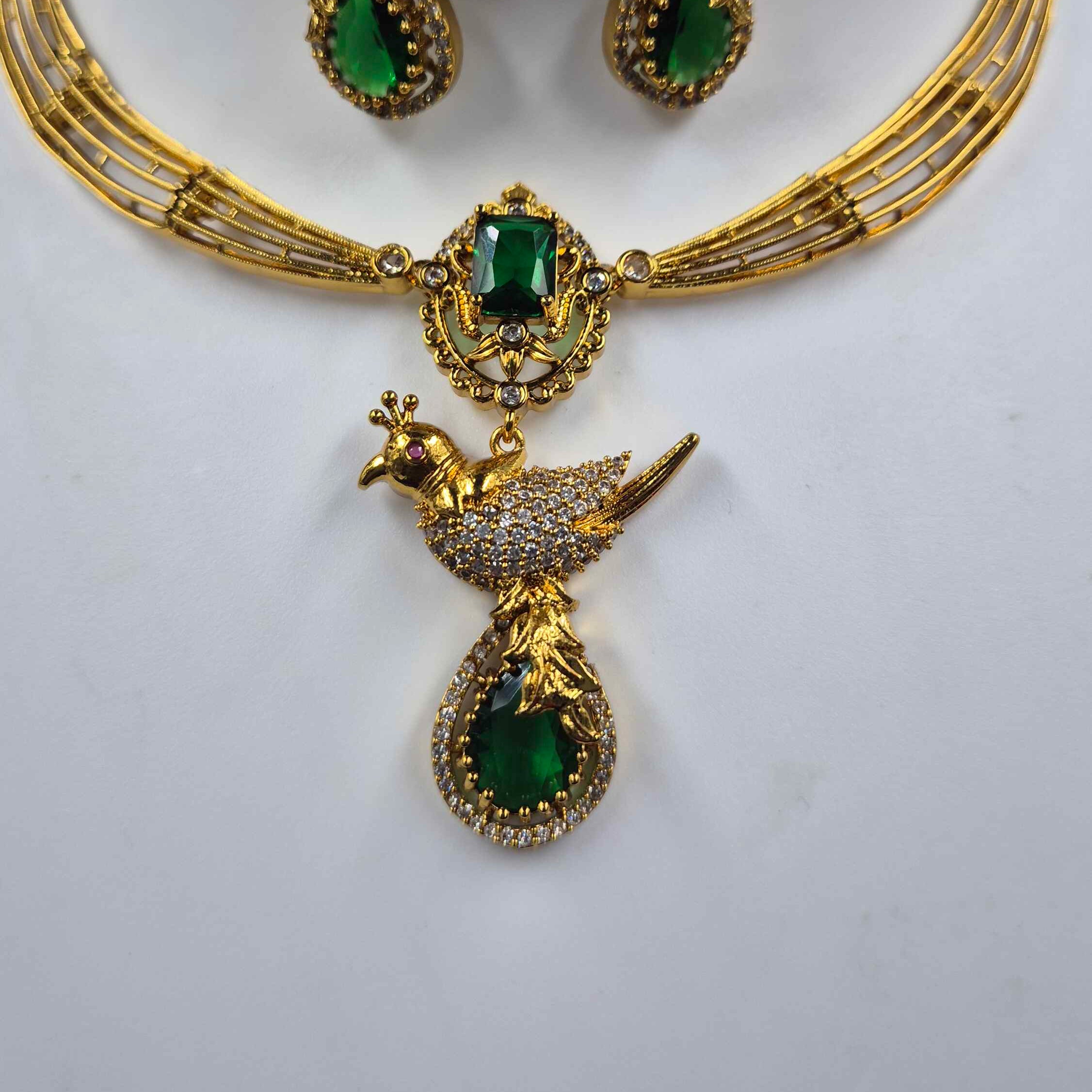 Green Stone Necklace Set with Bird pendant and matching Earrings | Designer Bridal Jewellery