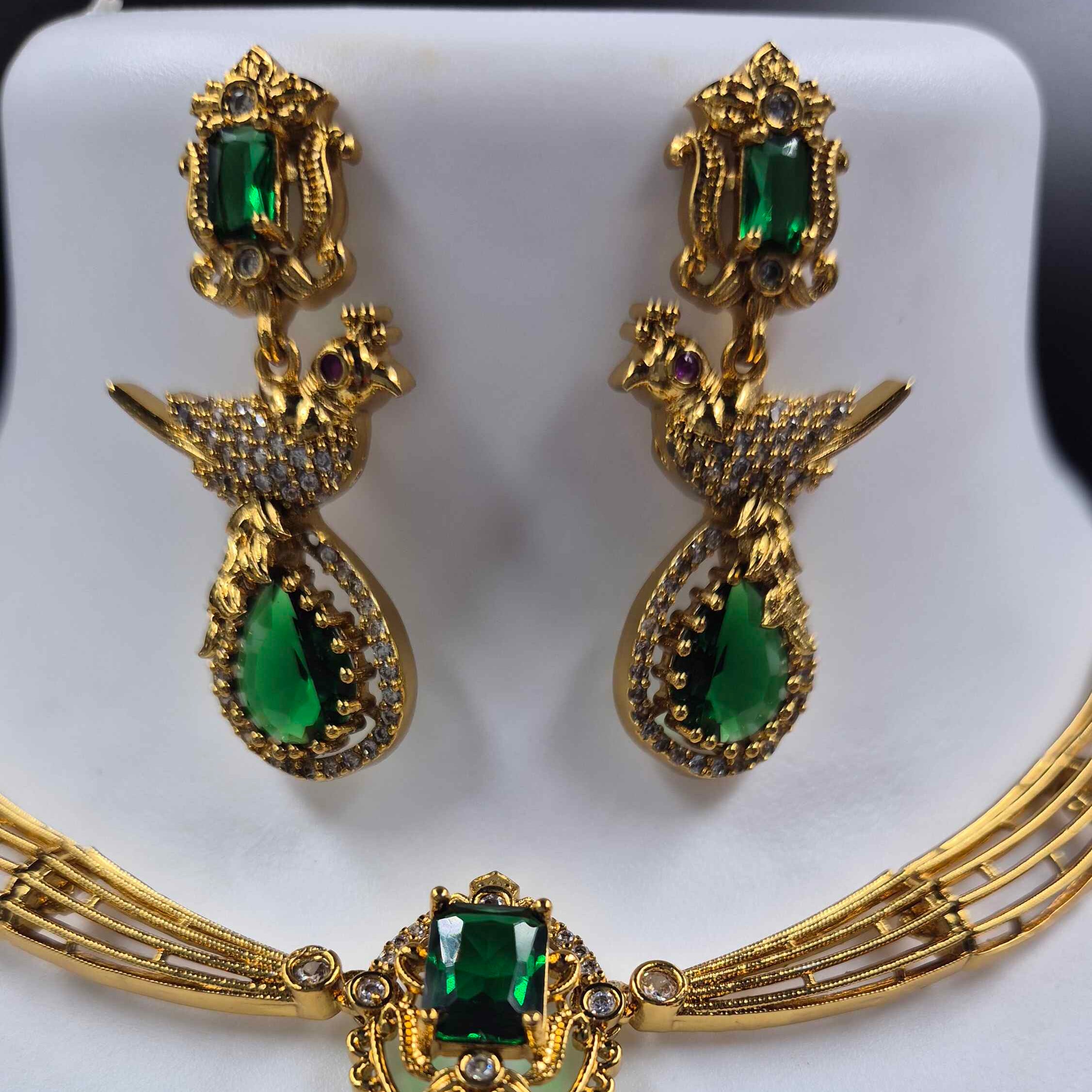 Green Stone Necklace Set with Bird pendant and matching Earrings | Designer Bridal Jewellery