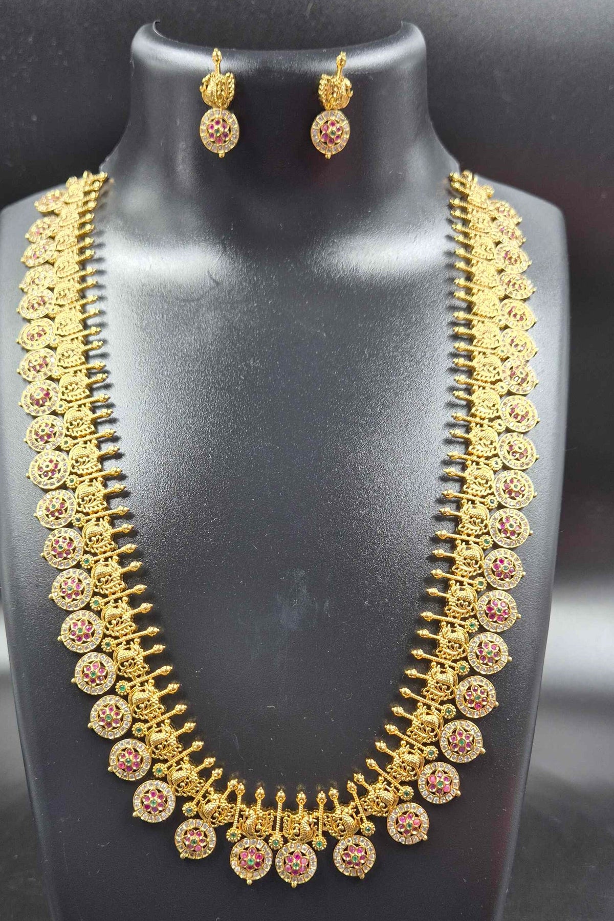 Ruby Green stones  AD kasu mala  Long Haram with Earrings | Traditional Bridal Jewellery