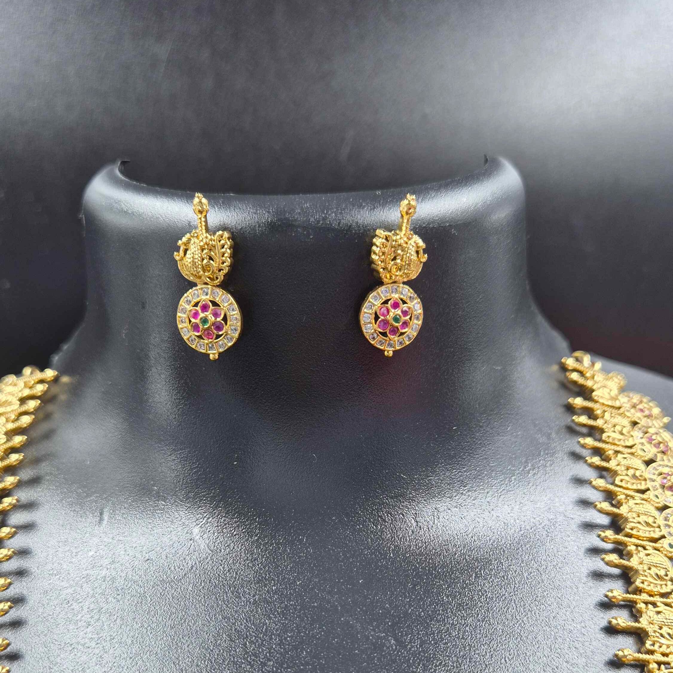 Ruby Green stones  AD kasu mala  Long Haram with Earrings | Traditional Bridal Jewellery