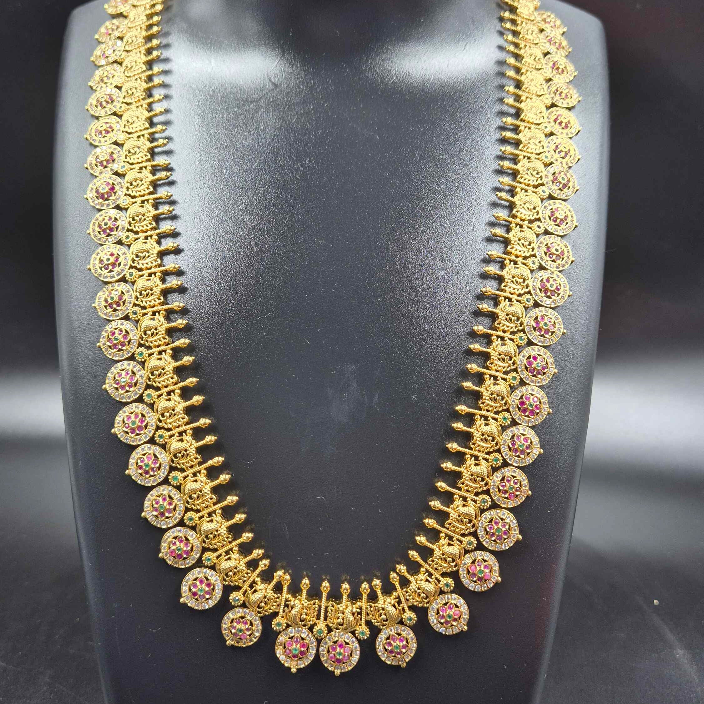 Ruby Green stones  AD kasu mala  Long Haram with Earrings | Traditional Bridal Jewellery