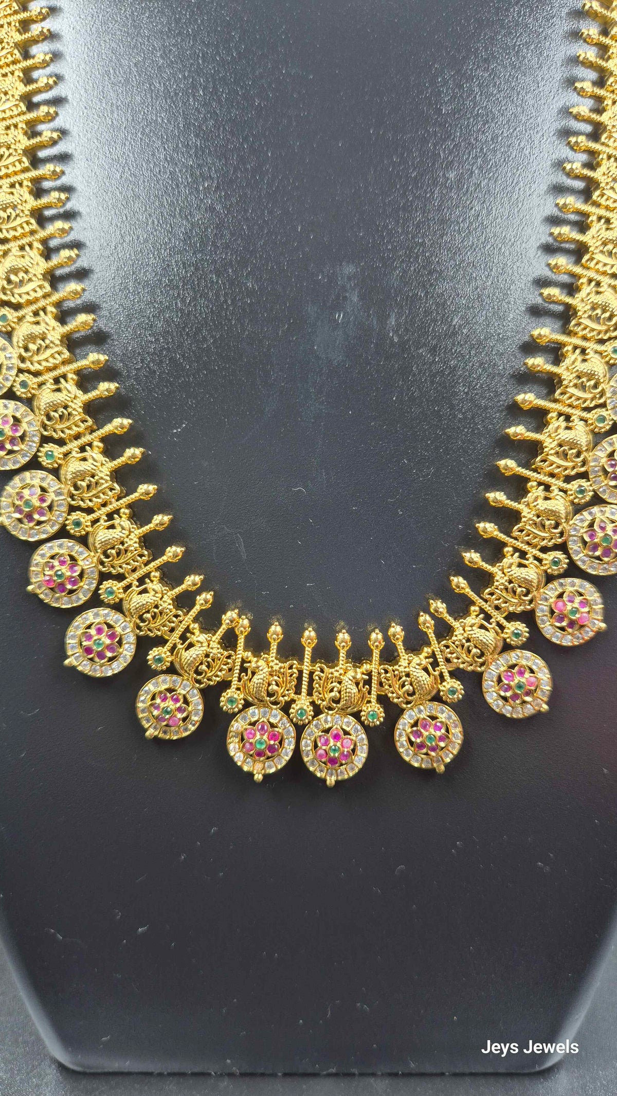 Ruby Green stones  AD kasu mala  Long Haram with Earrings | Traditional Bridal Jewellery