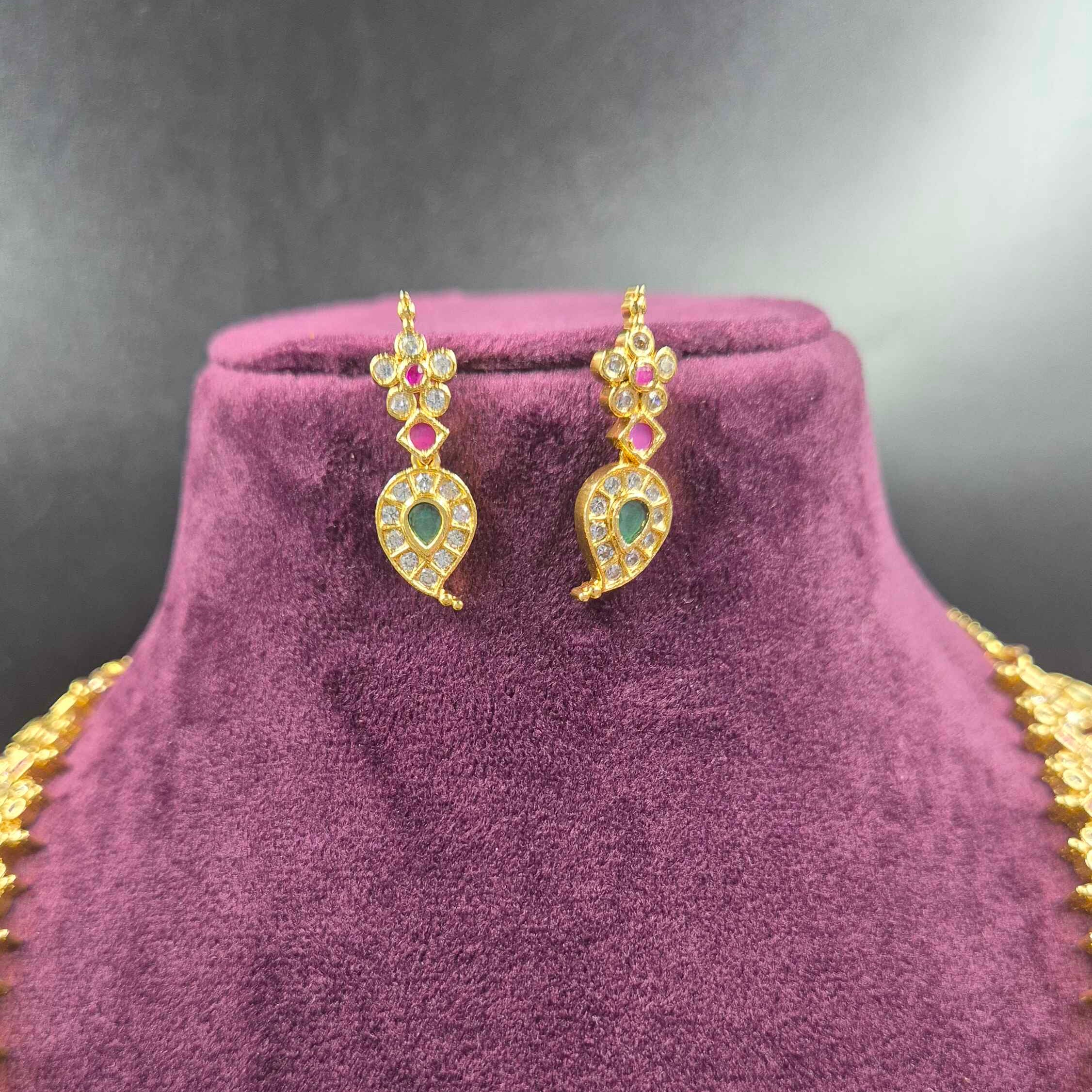 Leaf Design Long Haram  with green,red and white AD stones  with Earrings | Designer Bridal Jeweller