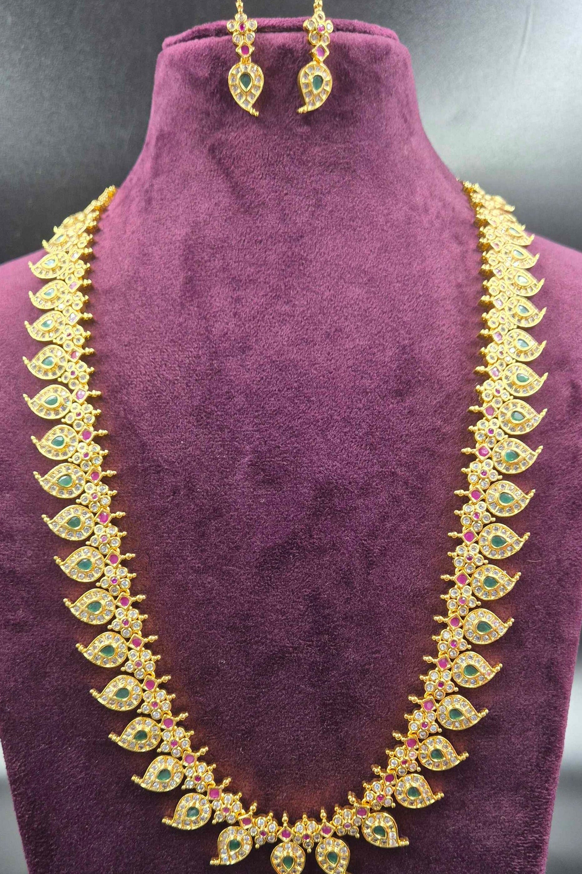 Leaf Design Long Haram  with green,red and white AD stones  with Earrings | Designer Bridal Jeweller