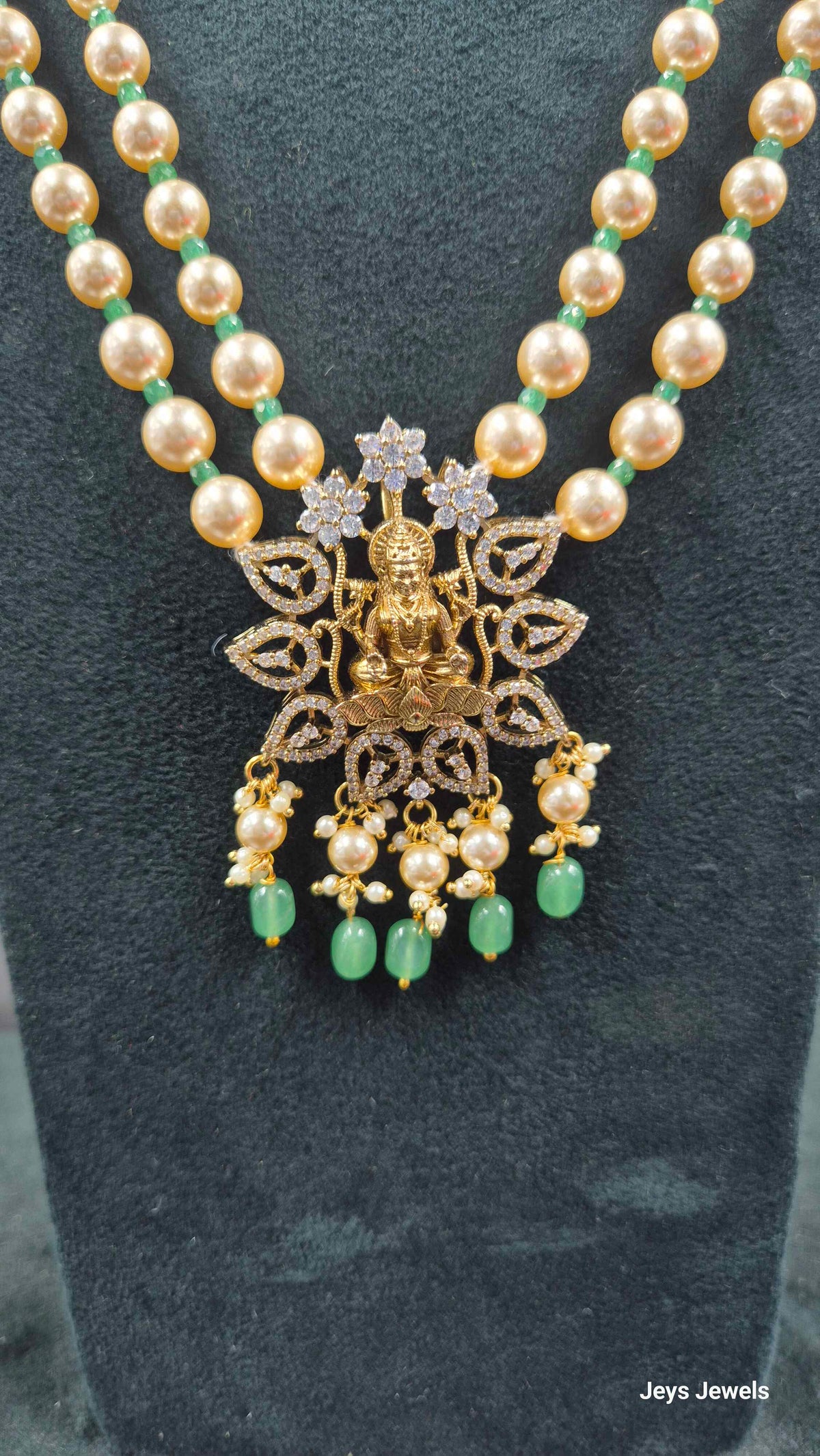 Pearl & Green Bead Lakshmi Necklace Set | Traditional Temple Jewellery
