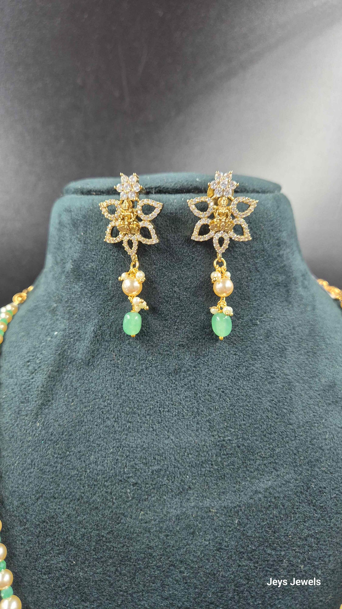 Pearl & Green Bead Lakshmi Necklace Set | Traditional Temple Jewellery