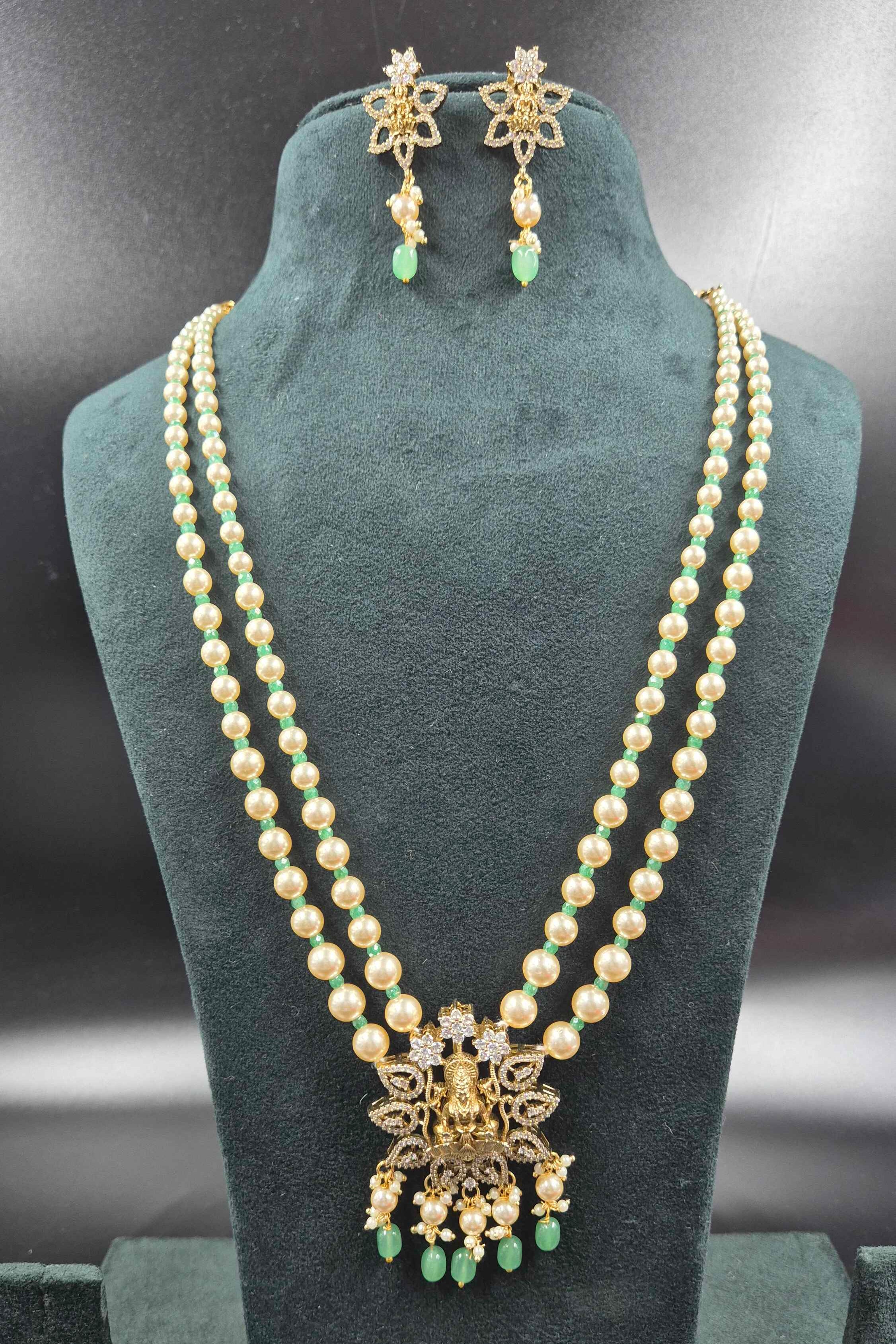 Pearl & Green Bead Lakshmi Necklace Set | Traditional Temple Jewellery