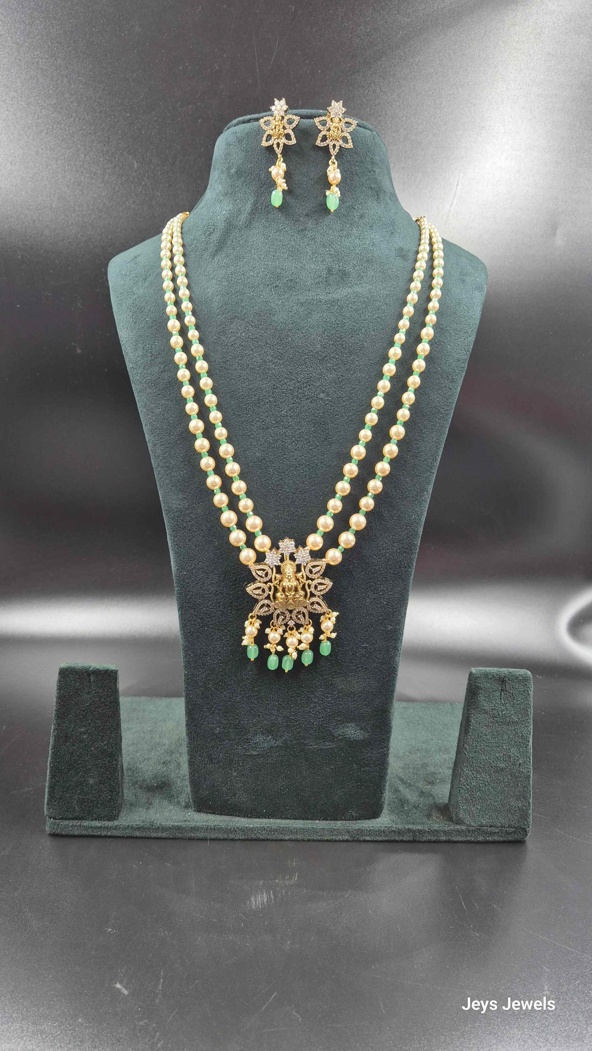 Pearl & Green Bead Lakshmi Necklace Set | Traditional Temple Jewellery