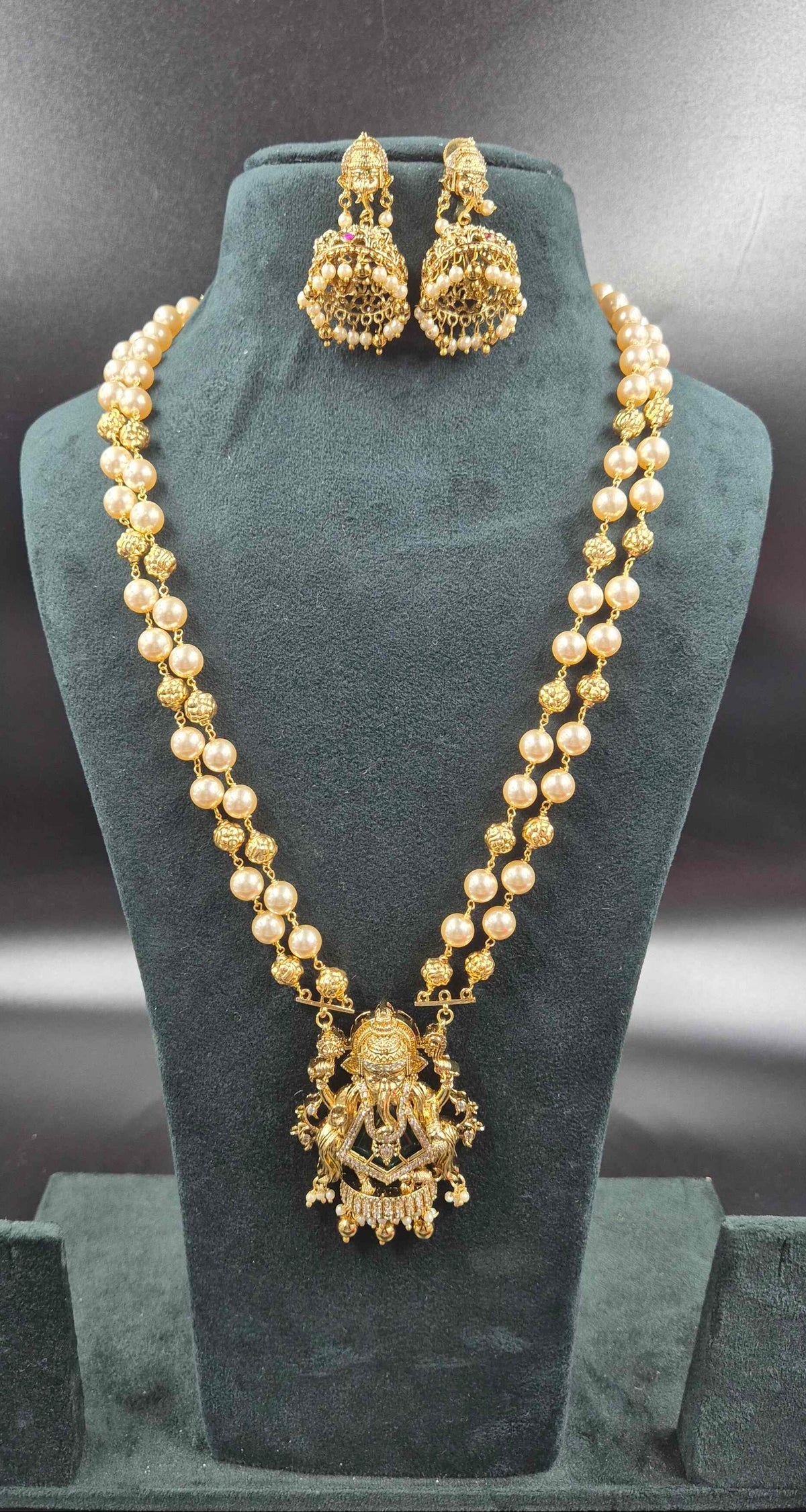 2 Strand Pearl Ganesha Pendant Haram | Traditional Temple Jewellery