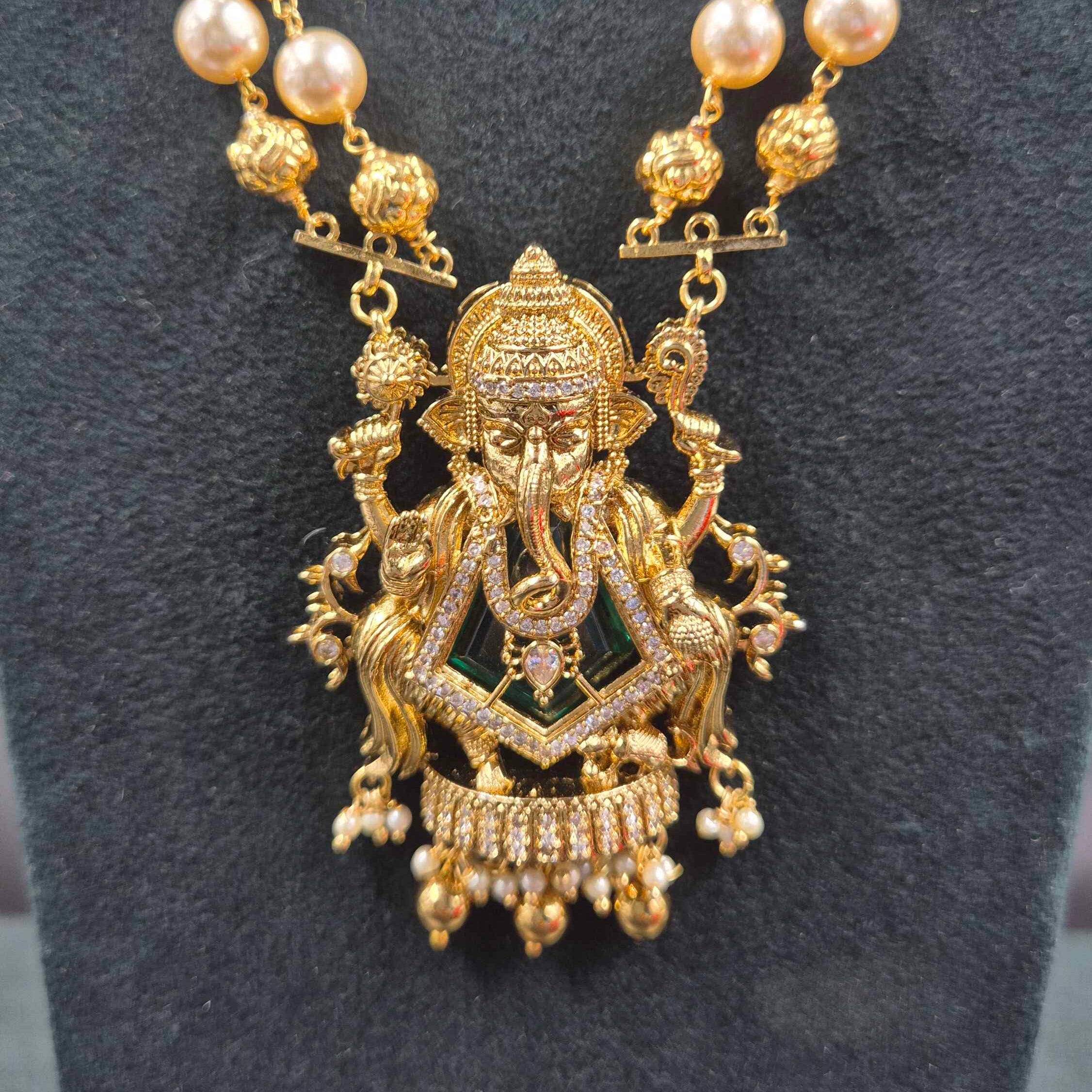 2 Strand Pearl Ganesha Pendant Haram | Traditional Temple Jewellery