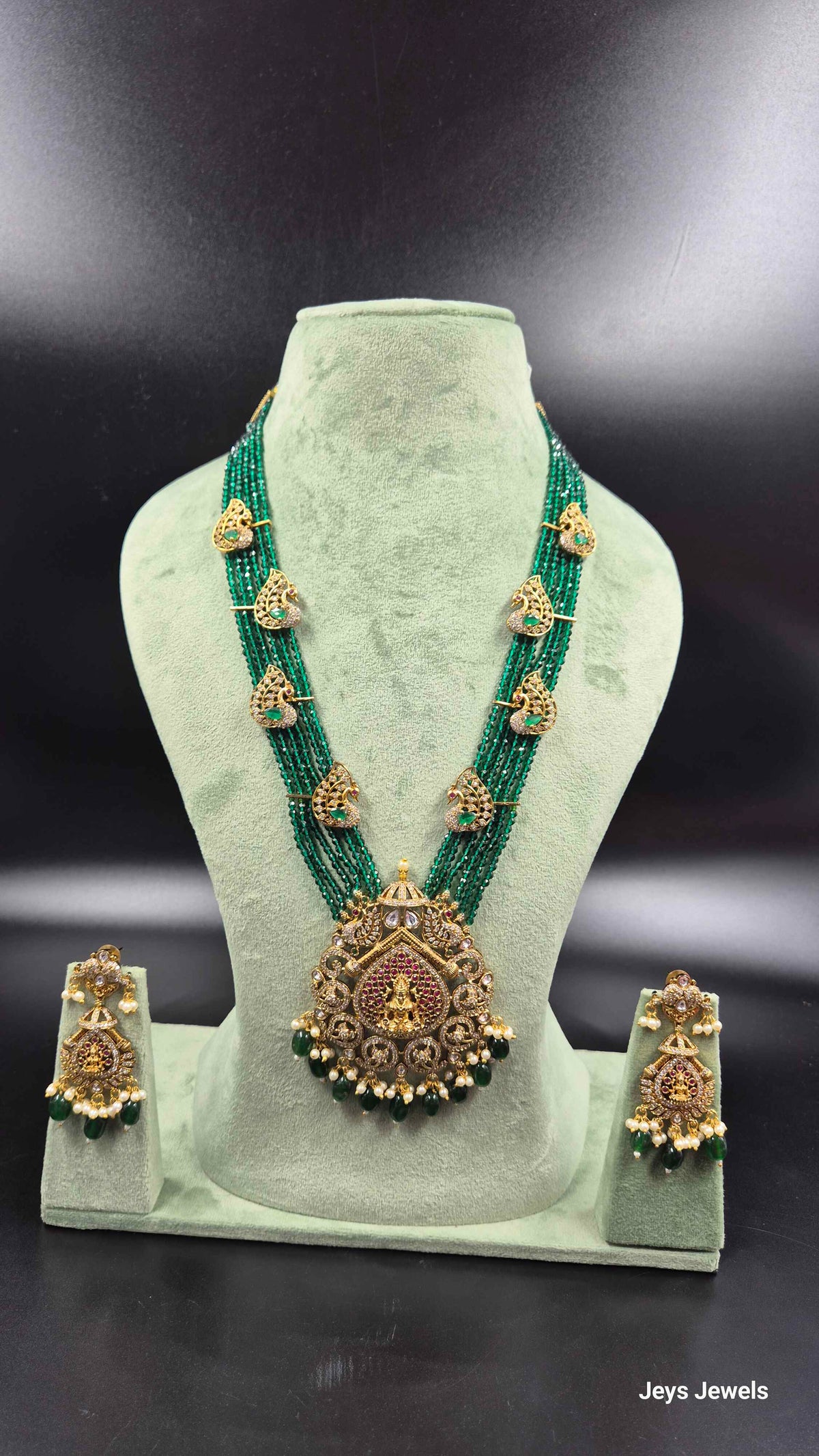 Six-Strand Green Beaded Lakshmi Necklace Set | Traditional Temple Jewellery