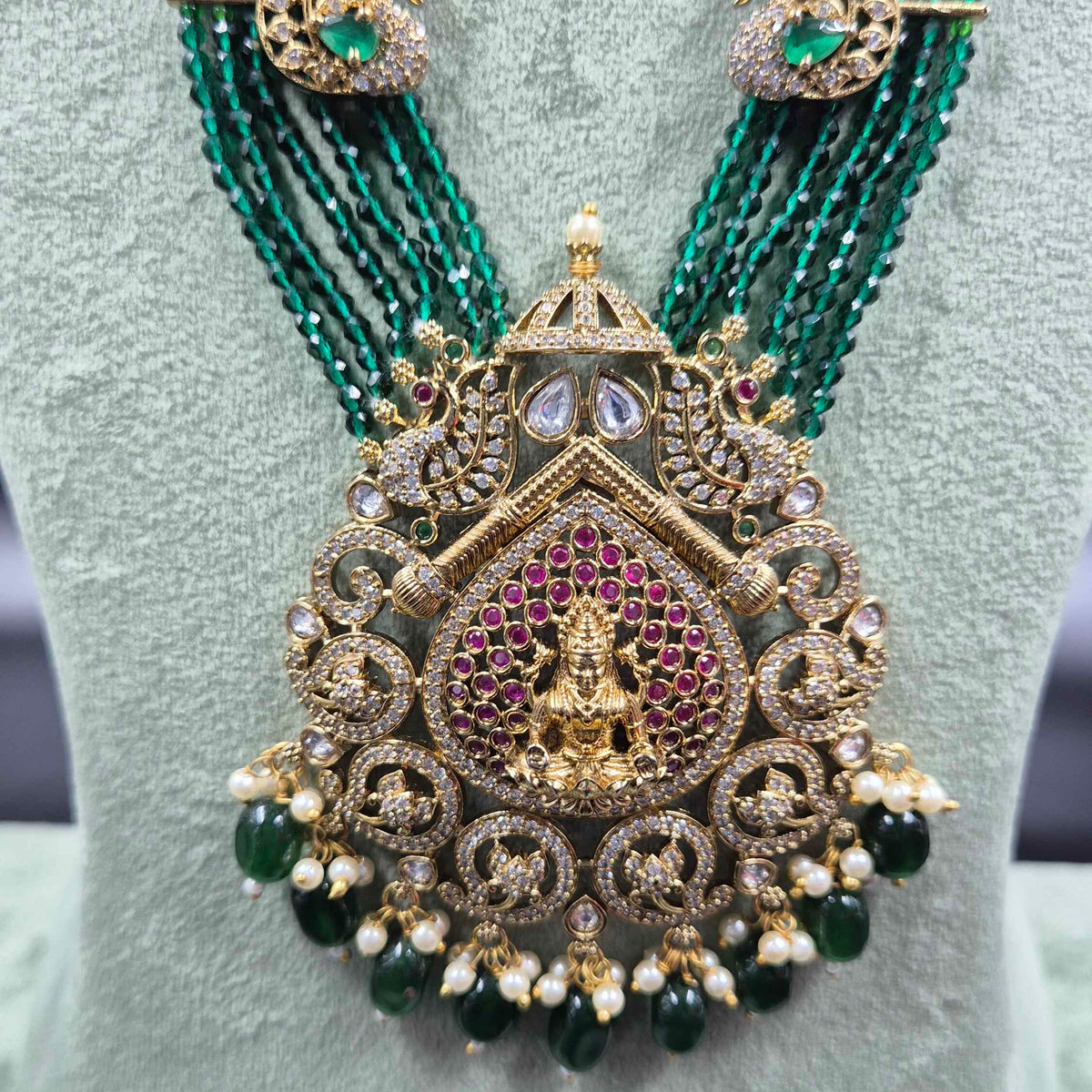 Six-Strand Green Beaded Lakshmi Necklace Set | Traditional Temple Jewellery