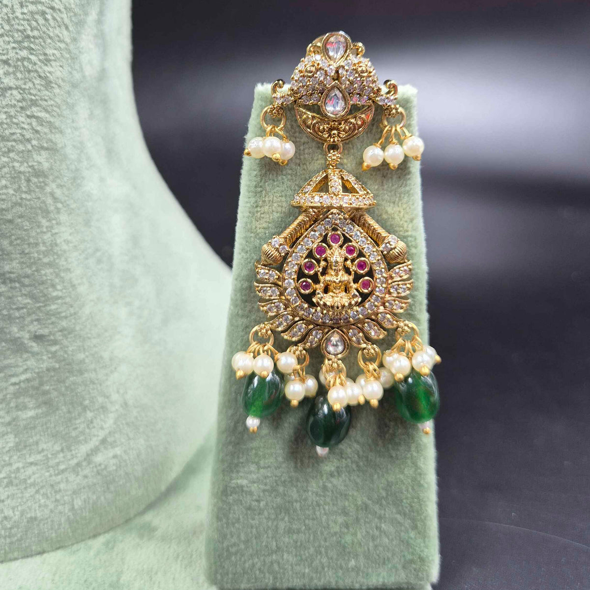Six-Strand Green Beaded Lakshmi Necklace Set | Traditional Temple Jewellery