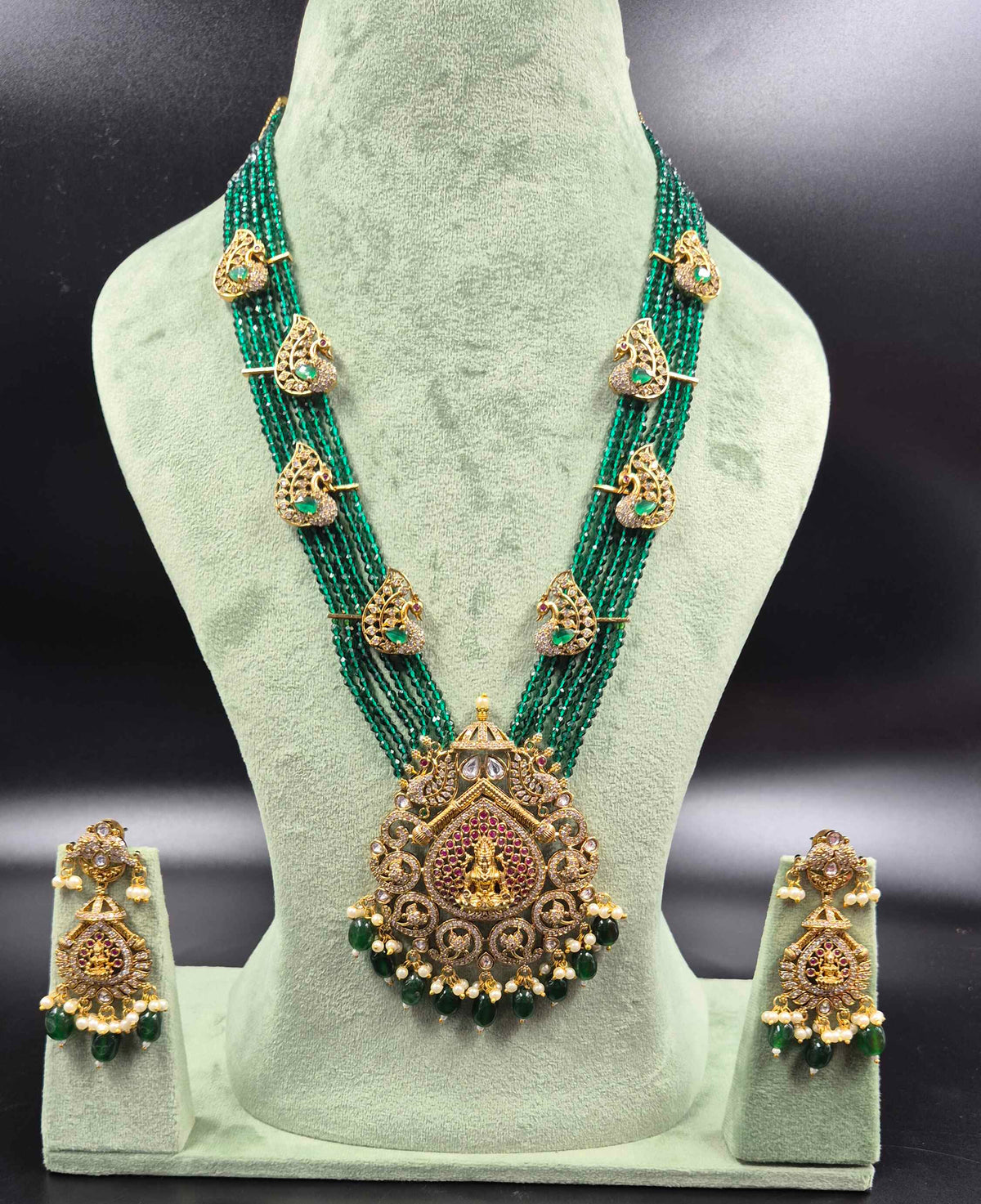 Six-Strand Green Beaded Lakshmi Necklace Set | Traditional Temple Jewellery