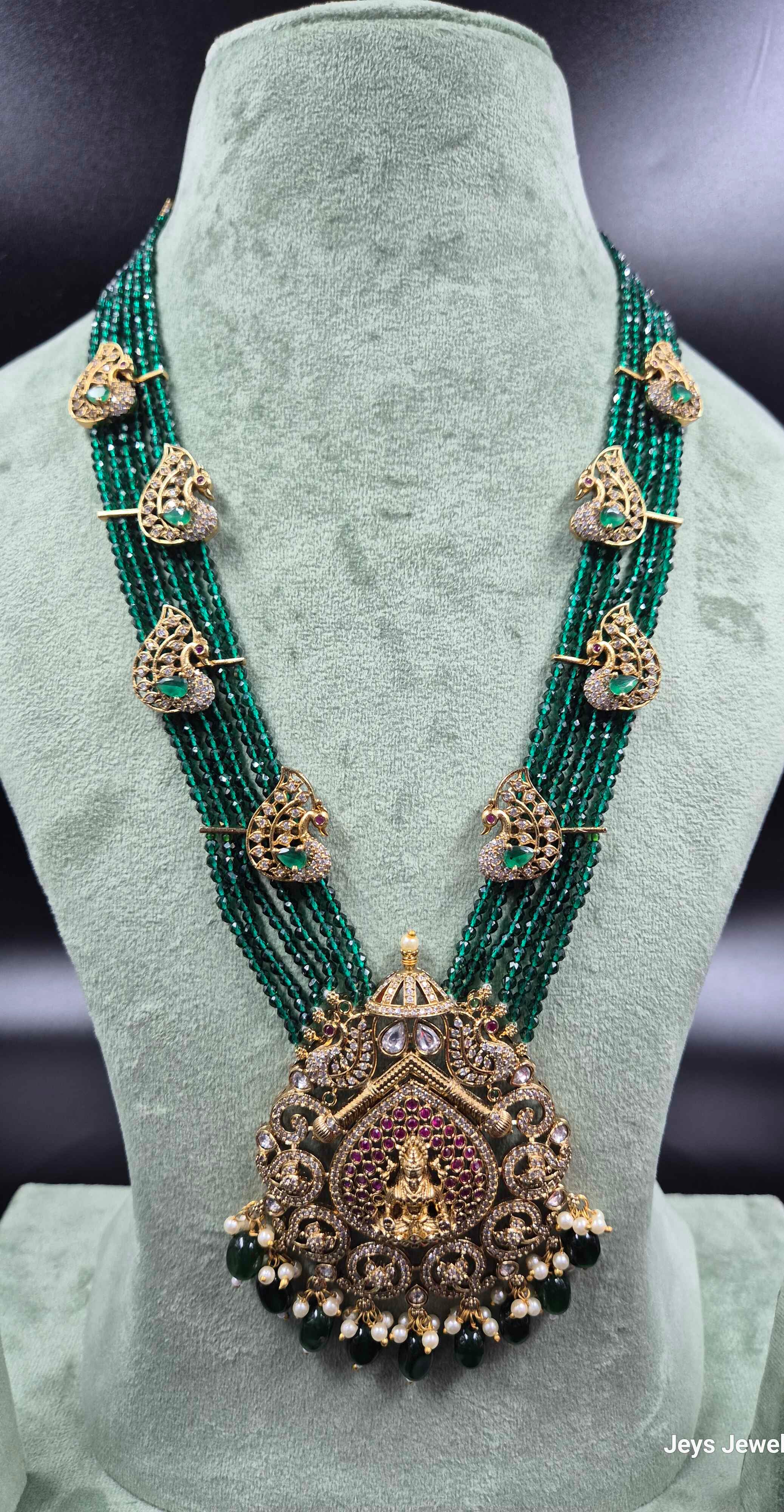 Six-Strand Green Beaded Lakshmi Necklace Set | Traditional Temple Jewellery
