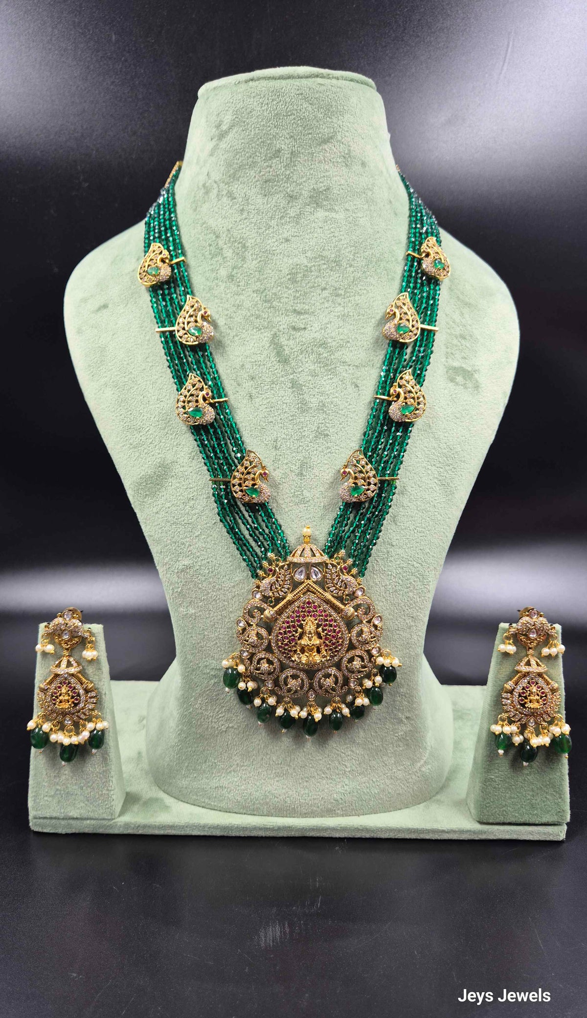 Six-Strand Green Beaded Lakshmi Necklace Set | Traditional Temple Jewellery