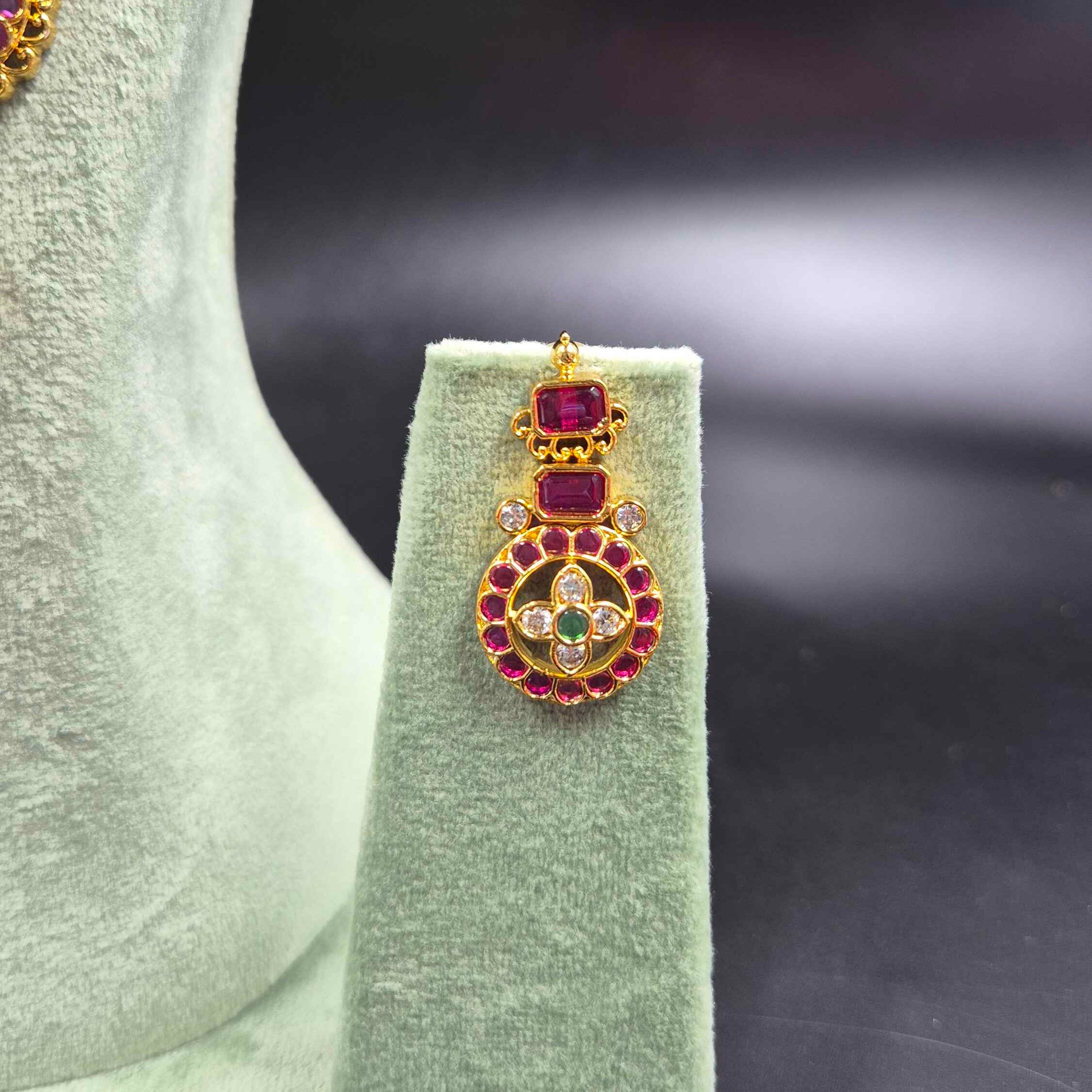 Ruby Kemp Stone Kasu Mala Haram | Traditional Temple Jewellery