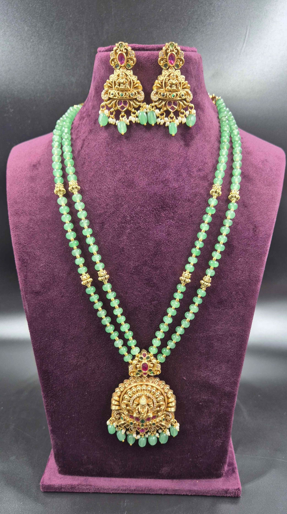 Green Beaded Lakshmi Long Haram with Temple Pendant | Traditional Jewellery