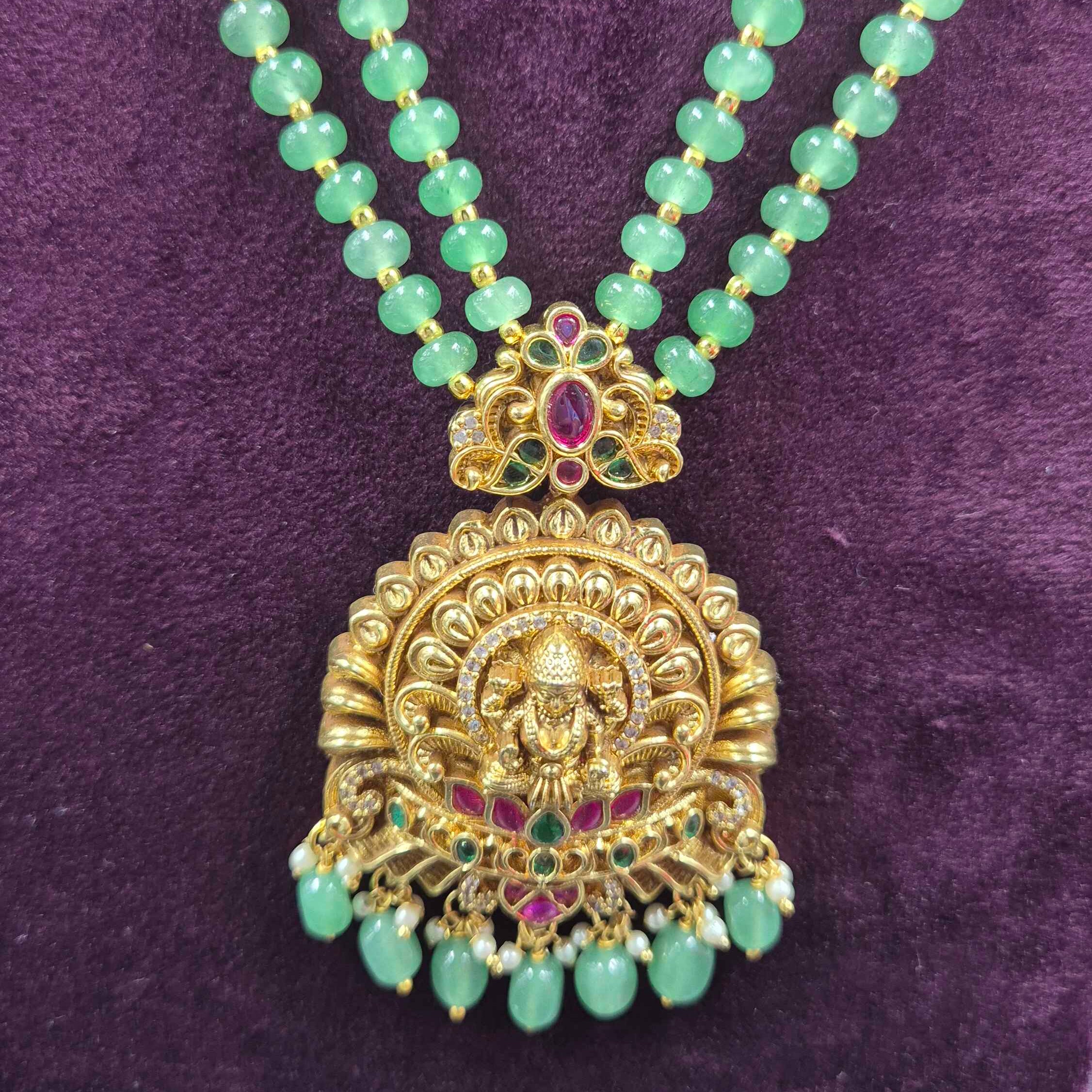 Green Beaded Lakshmi Long Haram with Temple Pendant | Traditional Jewellery