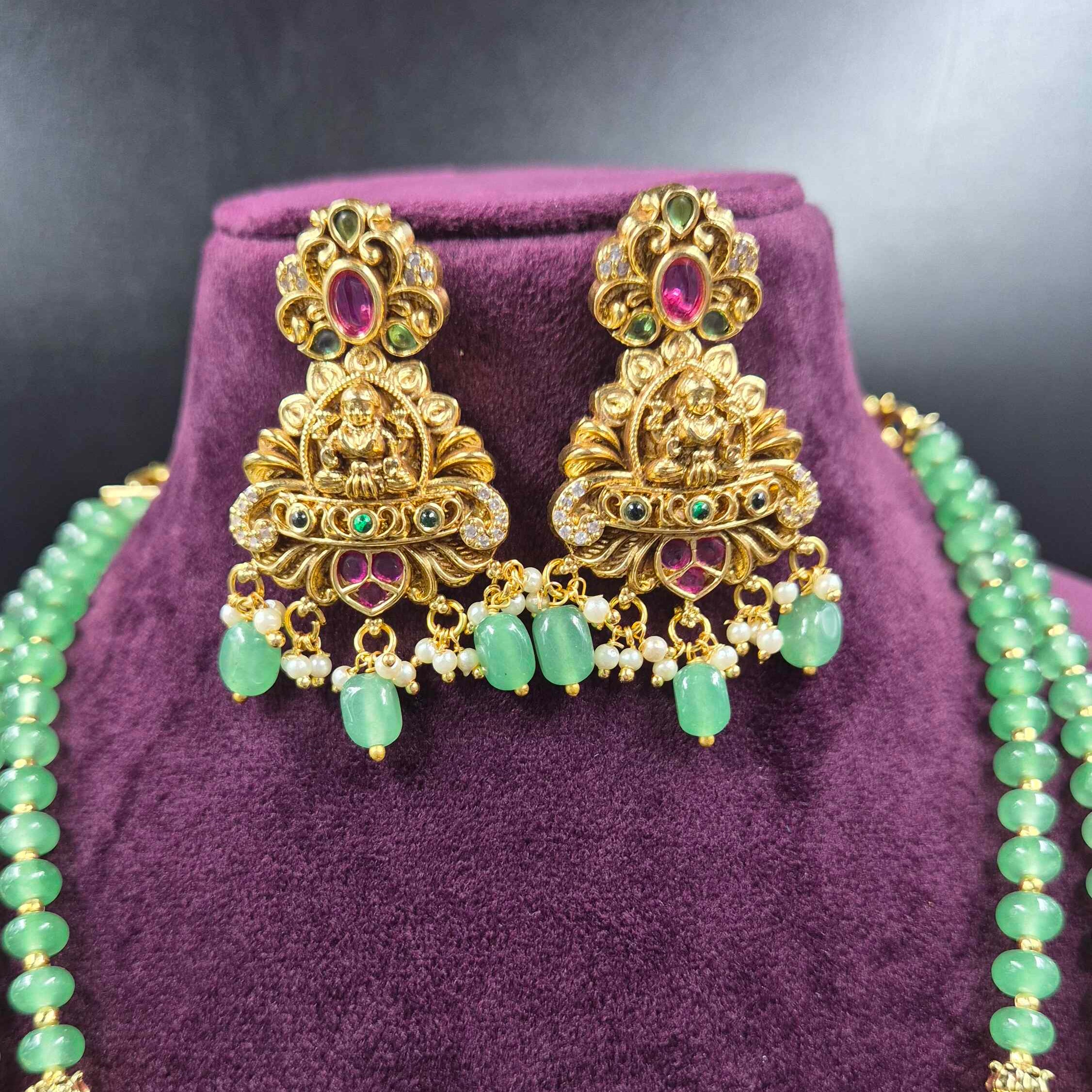 Green Beaded Lakshmi Long Haram with Temple Pendant | Traditional Jewellery