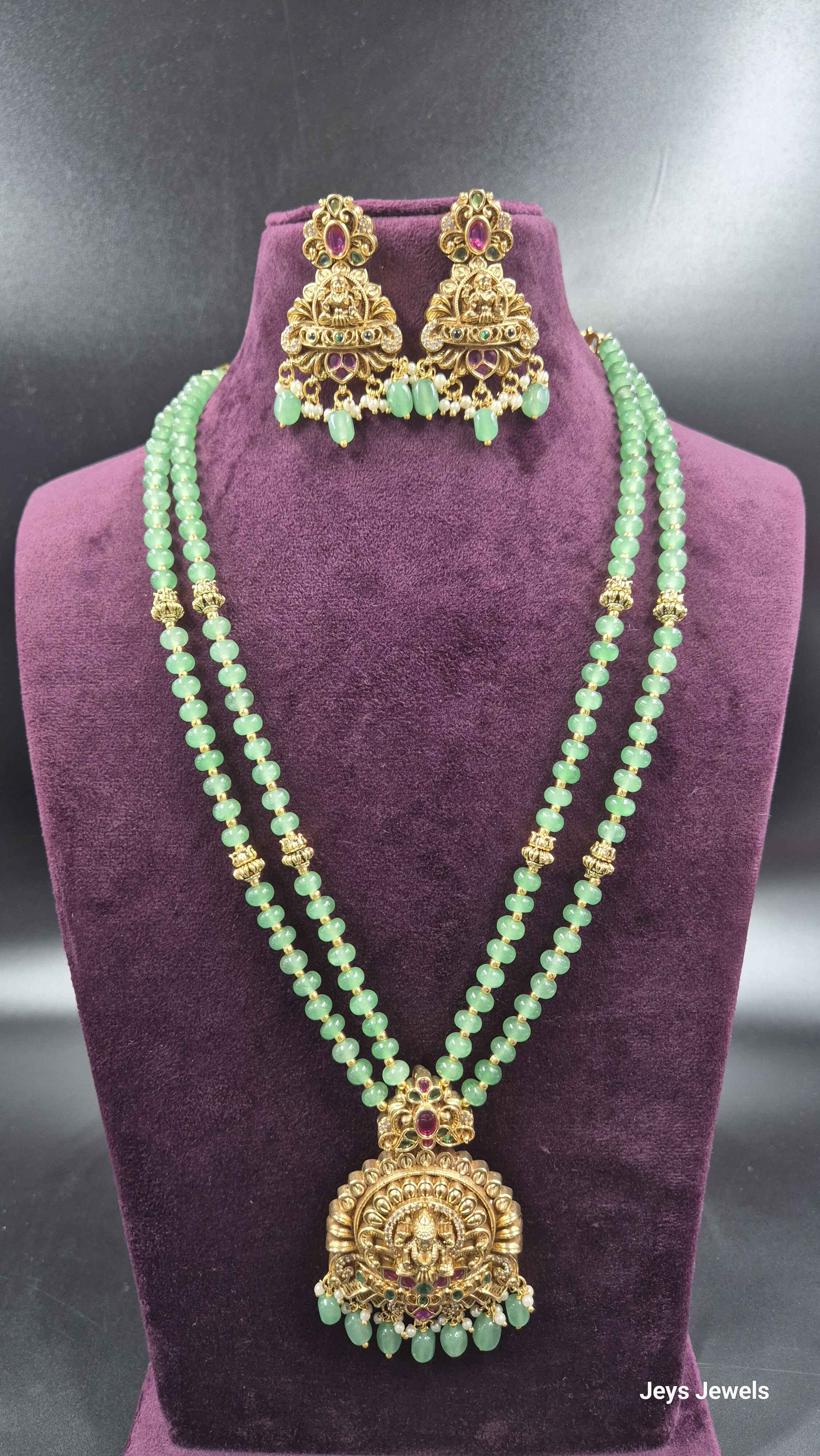 Green Beaded Lakshmi Long Haram with Temple Pendant | Traditional Jewellery