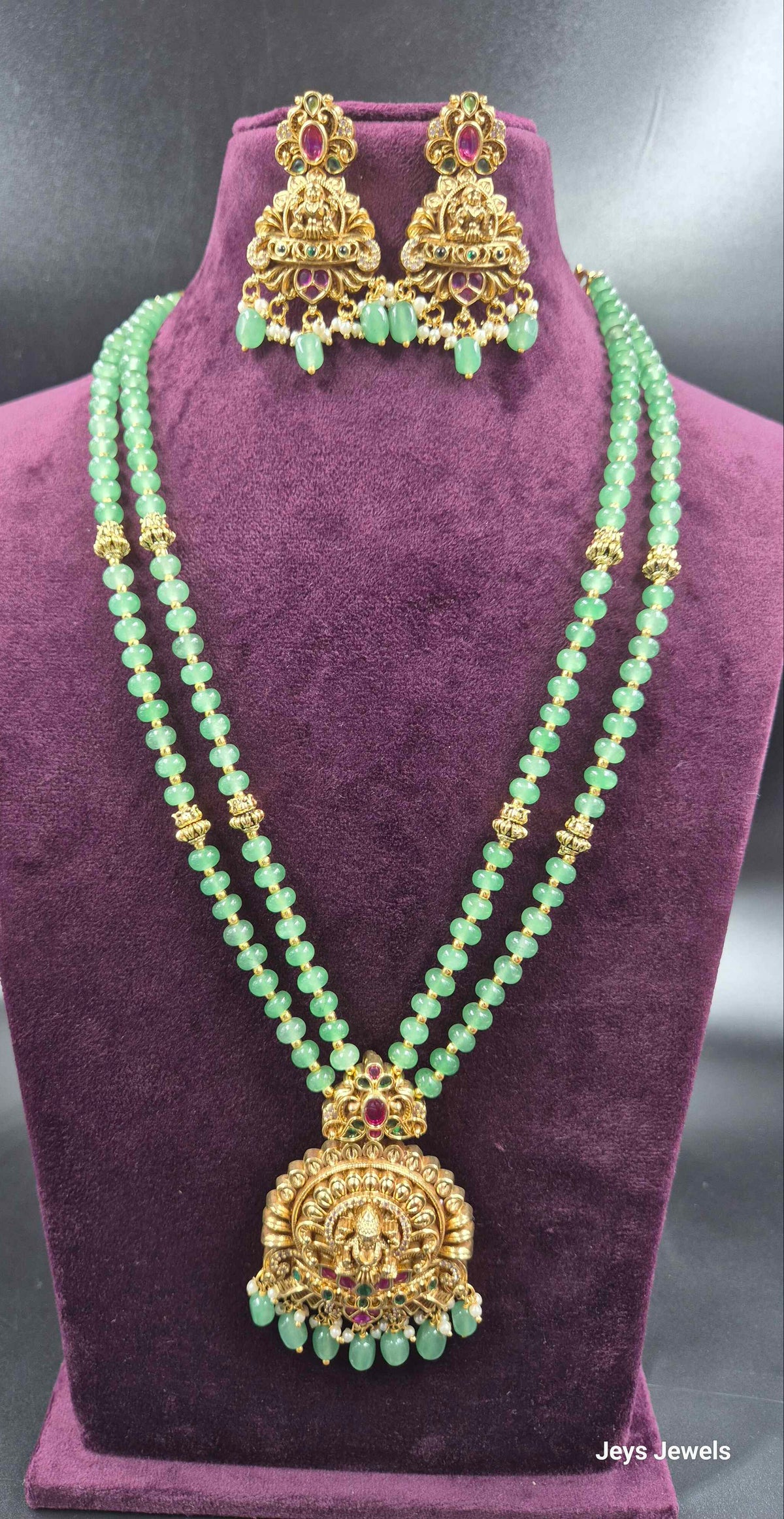 Green Beaded Lakshmi Long Haram with Temple Pendant | Traditional Jewellery