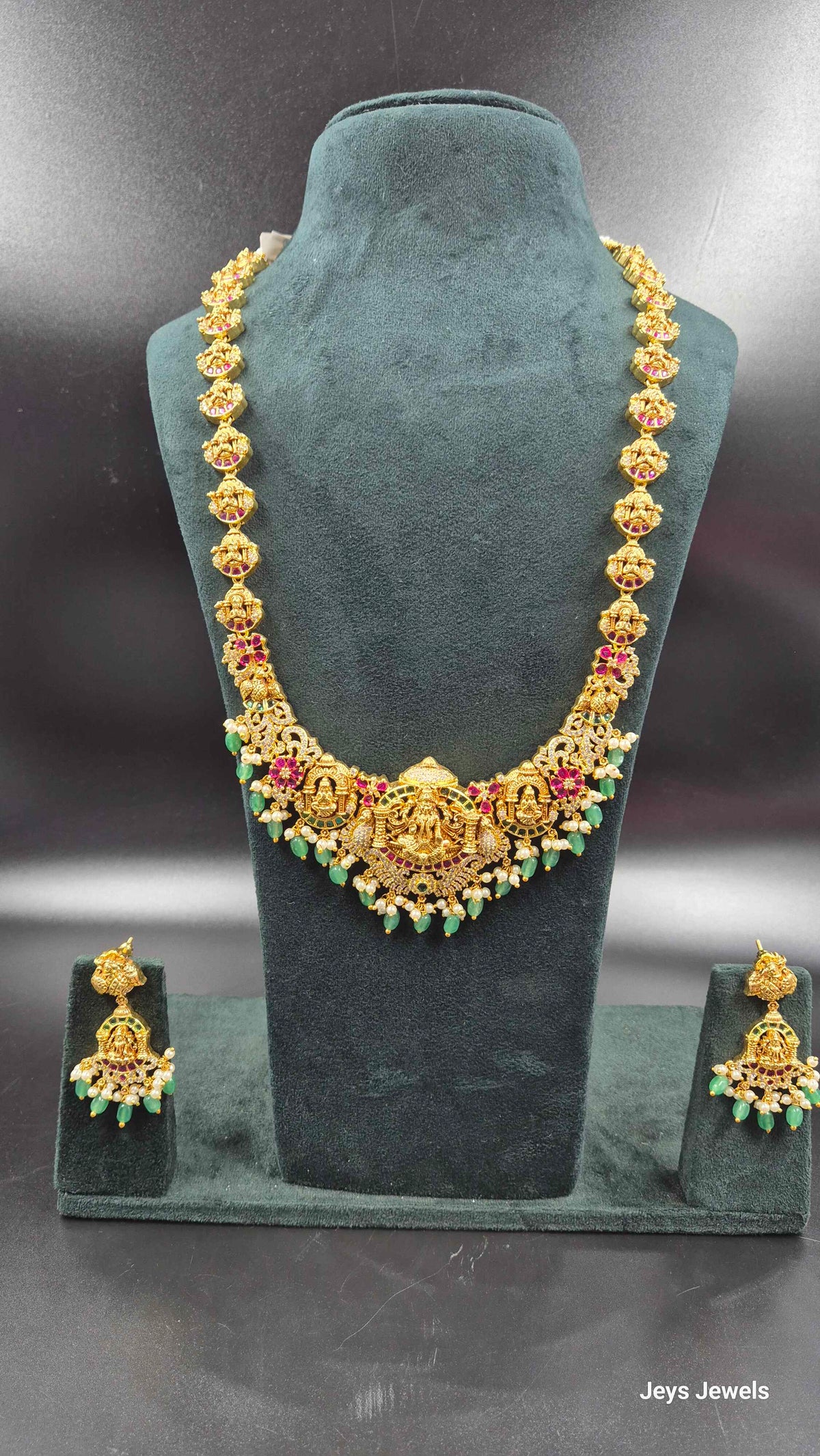 Lakshmi Nakashi Haram with Ruby & Green Stones | Temple Jewellery