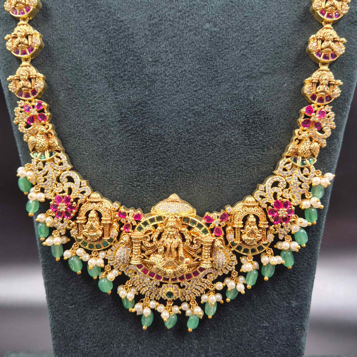 Lakshmi Nakashi Haram with Ruby & Green Stones | Temple Jewellery