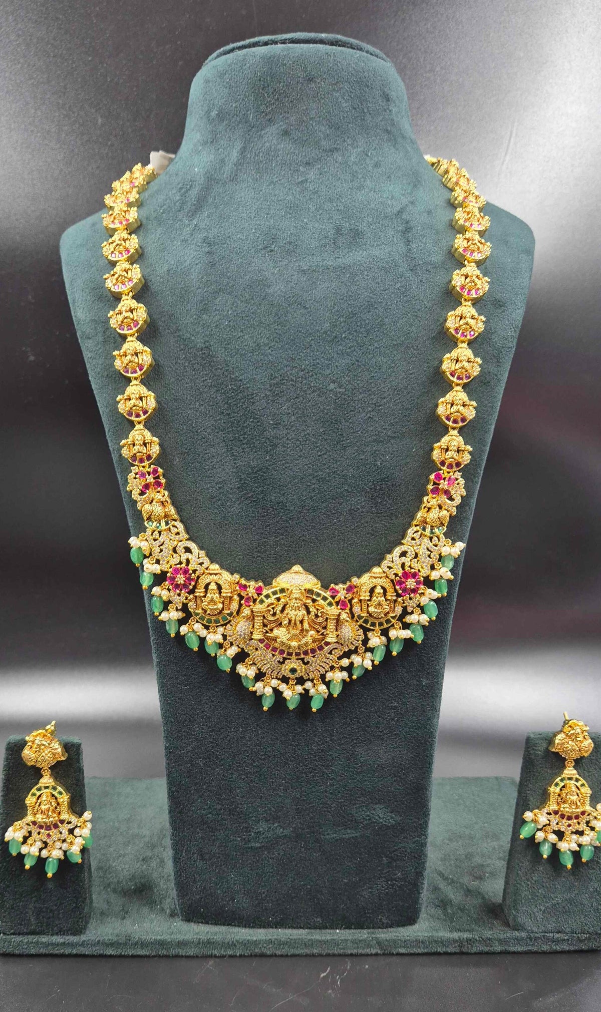 Lakshmi Nakashi Haram with Ruby & Green Stones | Temple Jewellery