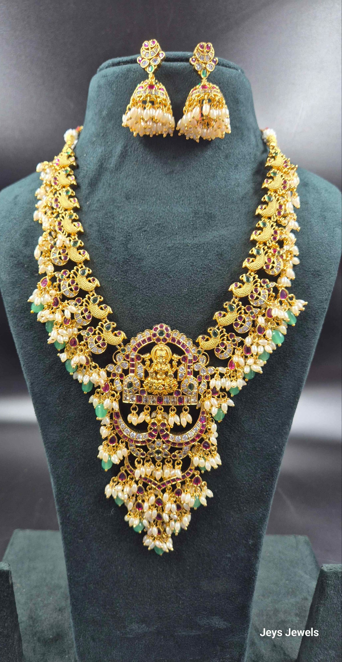 Peacock Lakshmi Guttapusalu Haram with Ruby & Green Stones | Temple Jewellery
