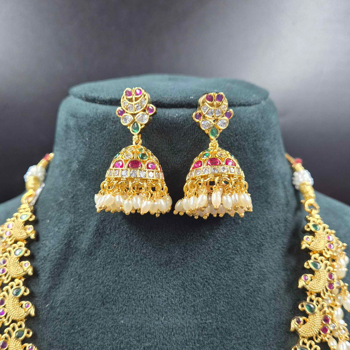 Peacock Lakshmi Guttapusalu Haram with Ruby & Green Stones | Temple Jewellery