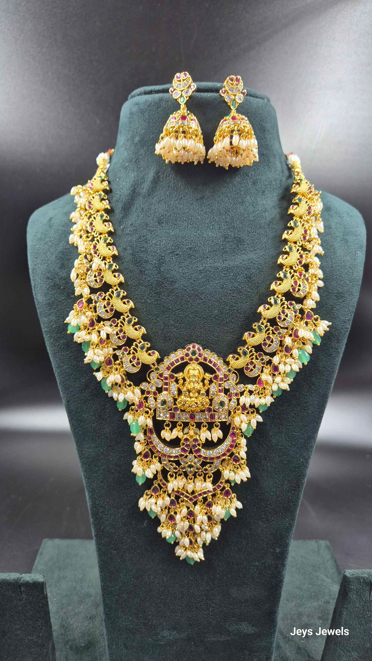 Peacock Lakshmi Guttapusalu Haram with Ruby & Green Stones | Temple Jewellery