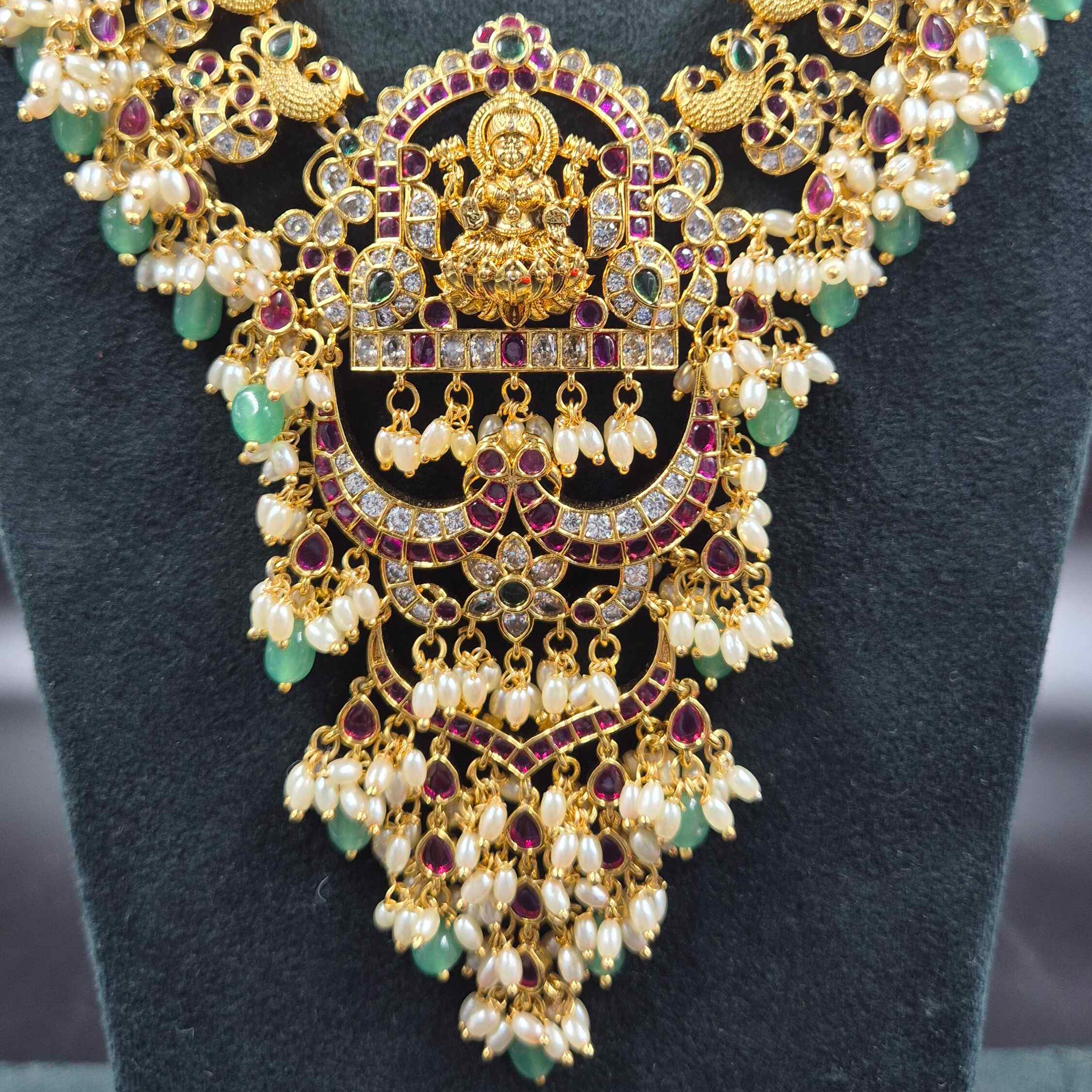Peacock Lakshmi Guttapusalu Haram with Ruby & Green Stones | Temple Jewellery