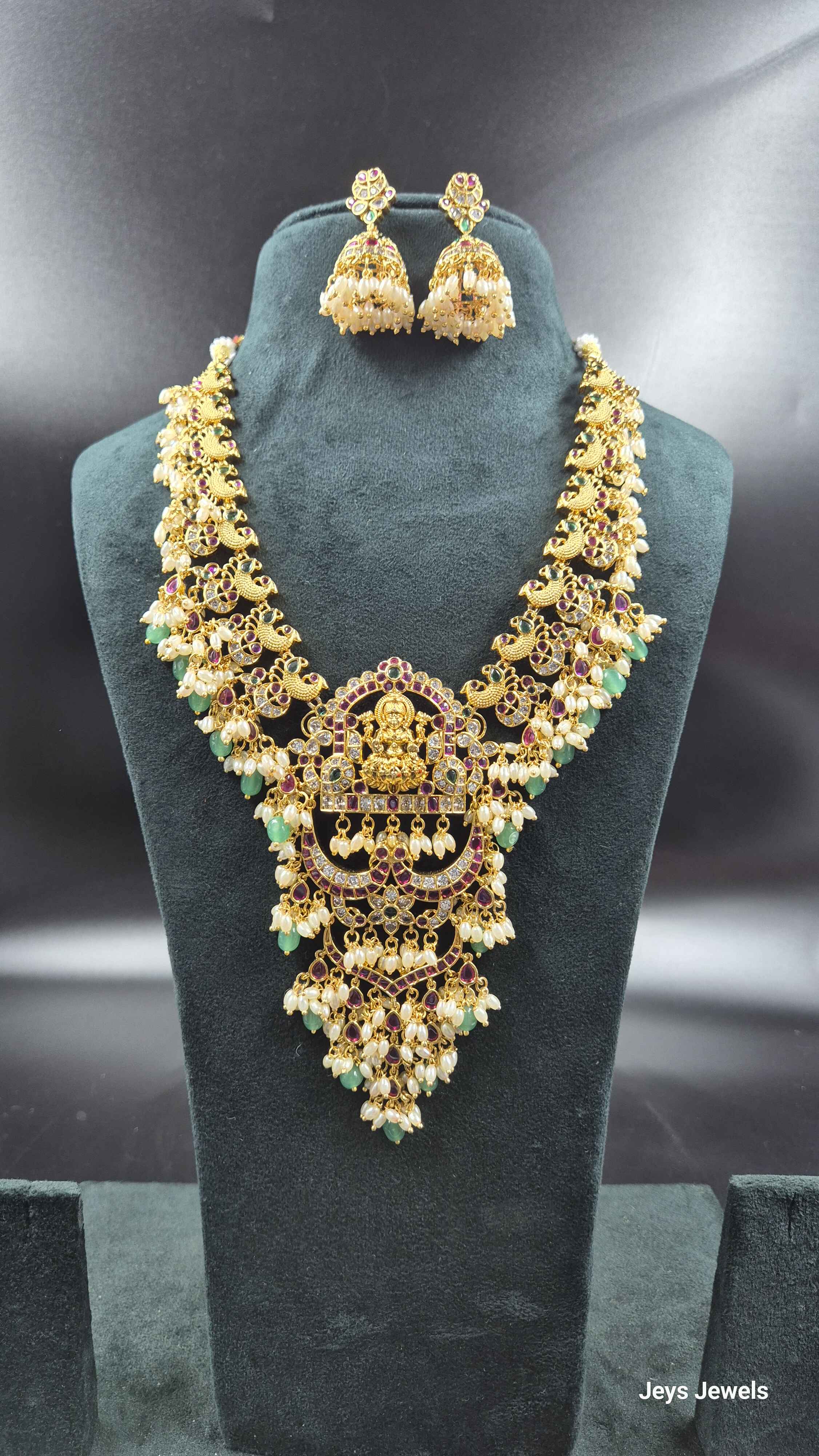 Peacock Lakshmi Guttapusalu Haram with Ruby & Green Stones | Temple Jewellery