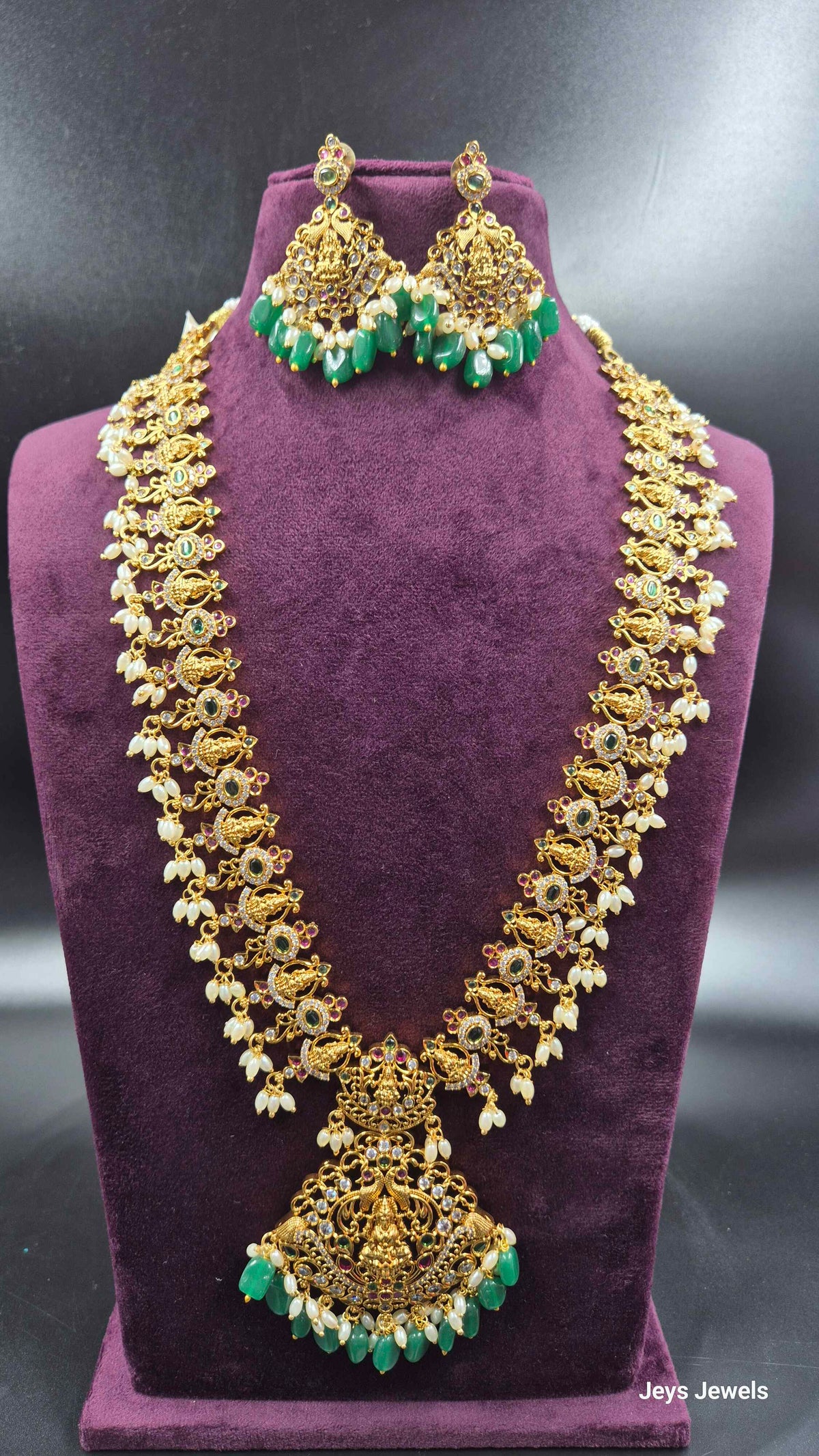 Peacock & Lakshmi Kemp Stone Haram with Green Beads | Traditional Temple Jewellery