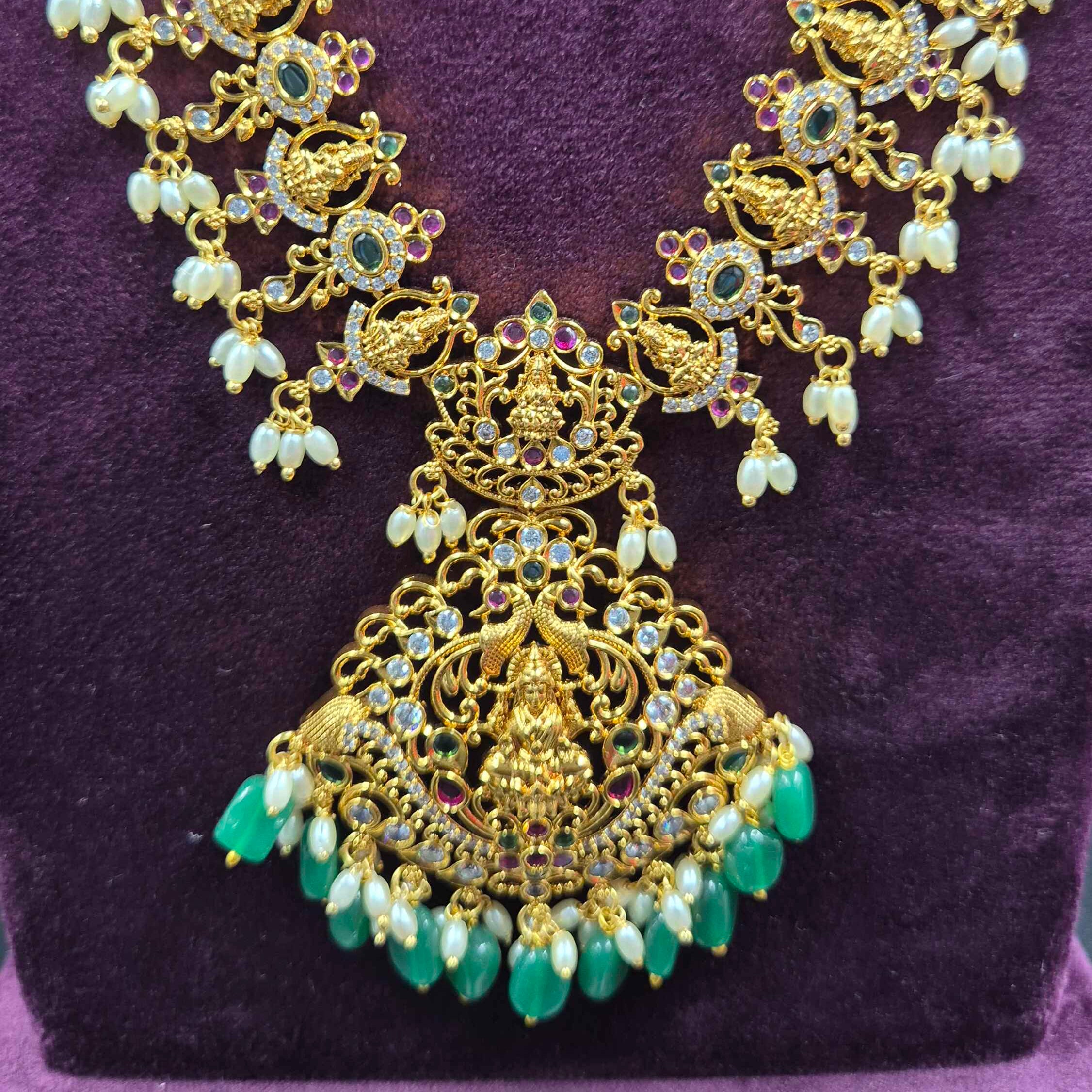 Peacock & Lakshmi Kemp Stone Haram with Green Beads | Traditional Temple Jewellery