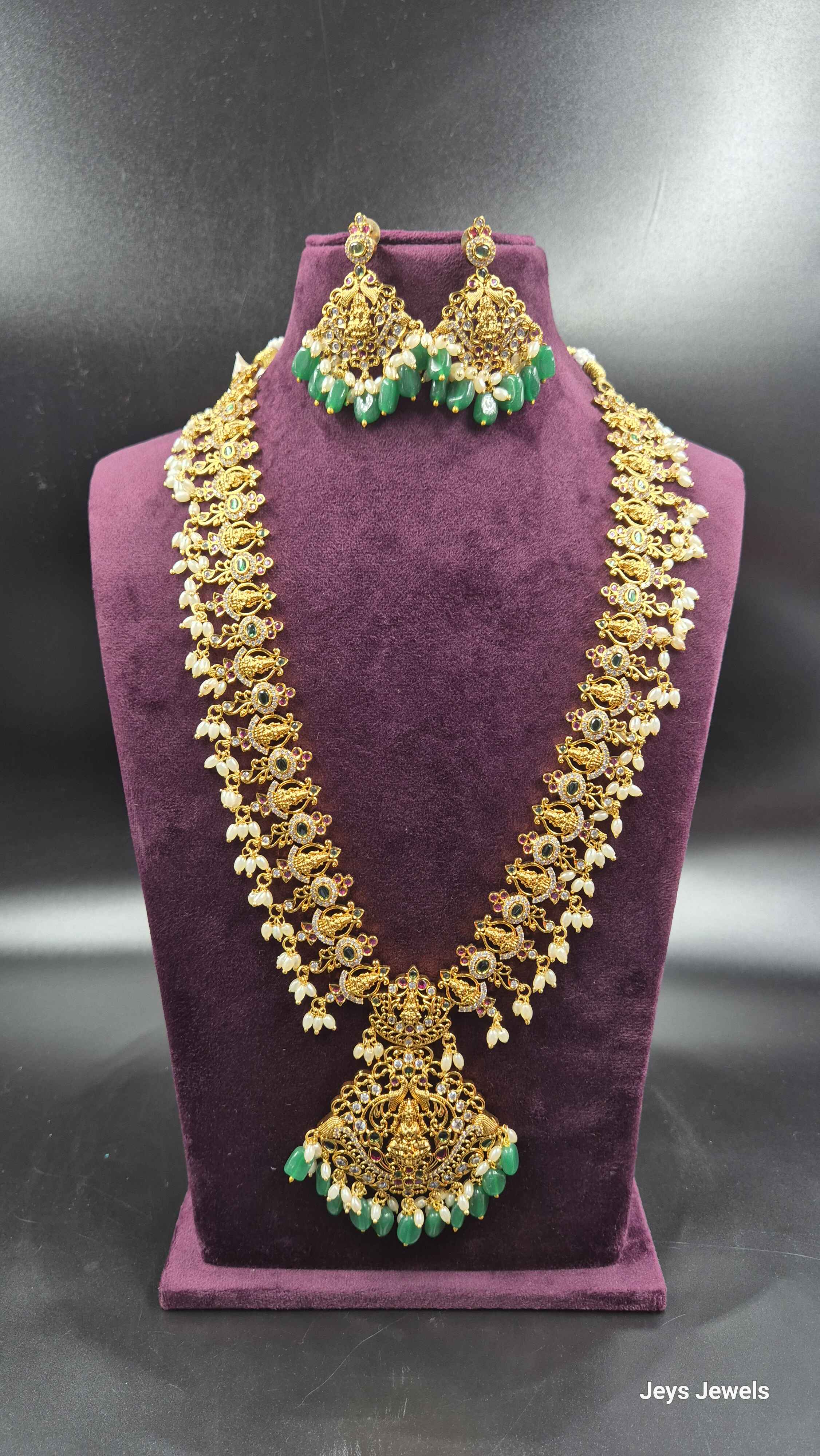Peacock & Lakshmi Kemp Stone Haram with Green Beads | Traditional Temple Jewellery