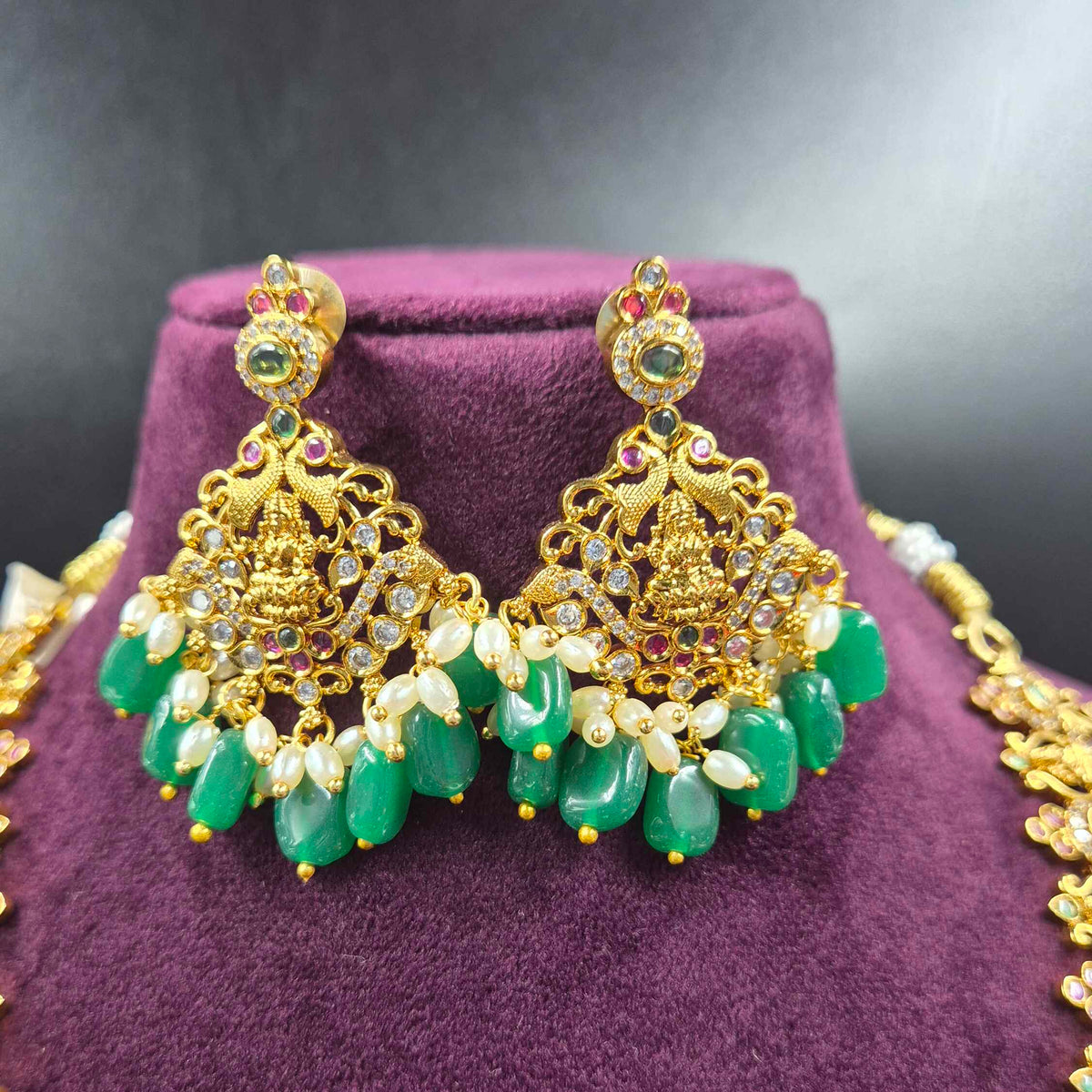 Peacock & Lakshmi Kemp Stone Haram with Green Beads | Traditional Temple Jewellery