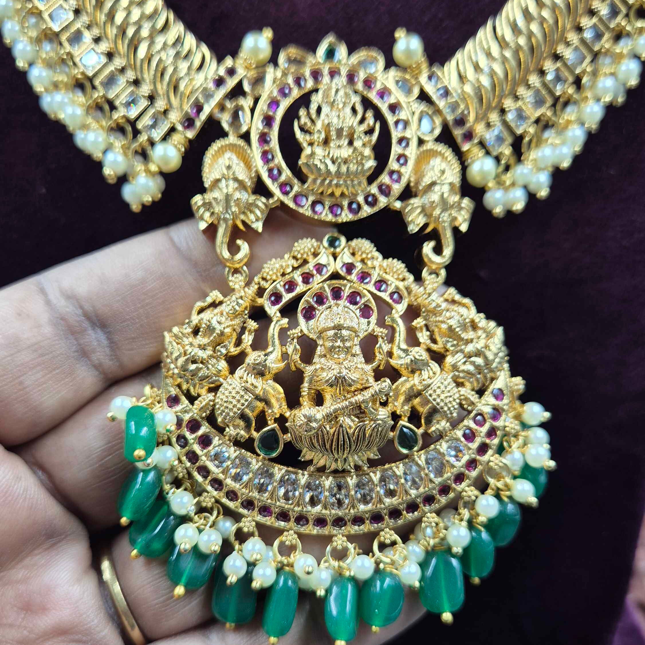 Jilebi Haram with Kundan Stones and pearl hangings & Lakshmi Pendant | Traditional Bridal Jewellery